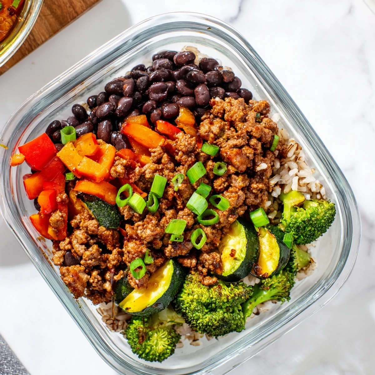A vibrant Viral Hot Honey Ground Beef Bowl with spiced beef, roasted veggies, rice, and a spicy honey drizzle.