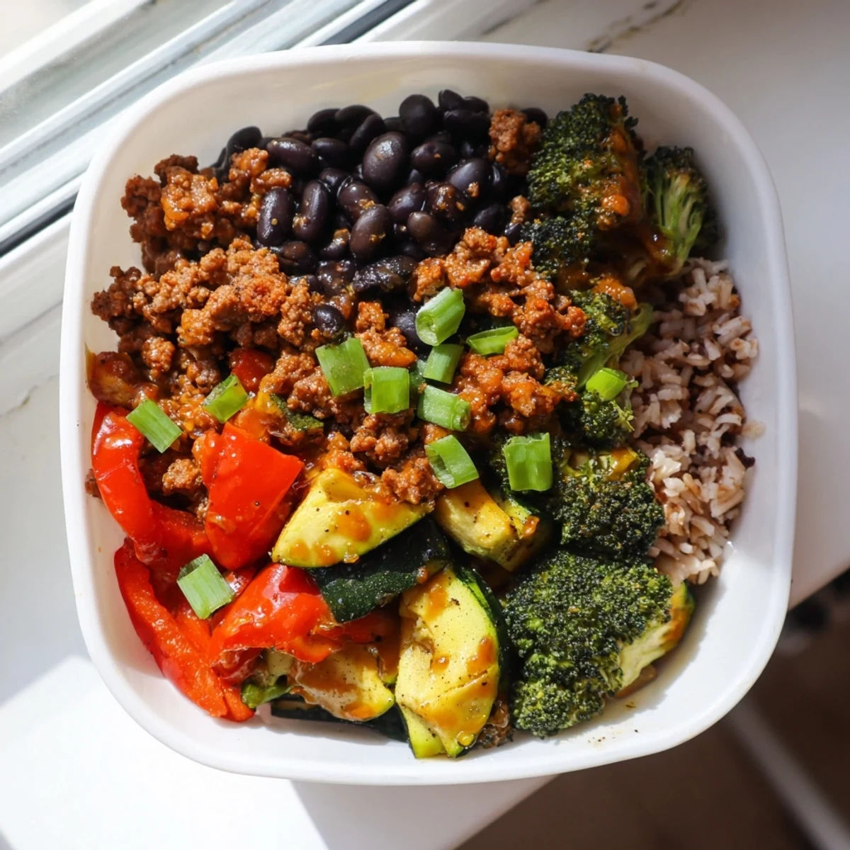 Close-up on the Viral Hot Honey Ground Beef Bowl highlighting steaming rice, black beans, and glistening hot honey sauce.