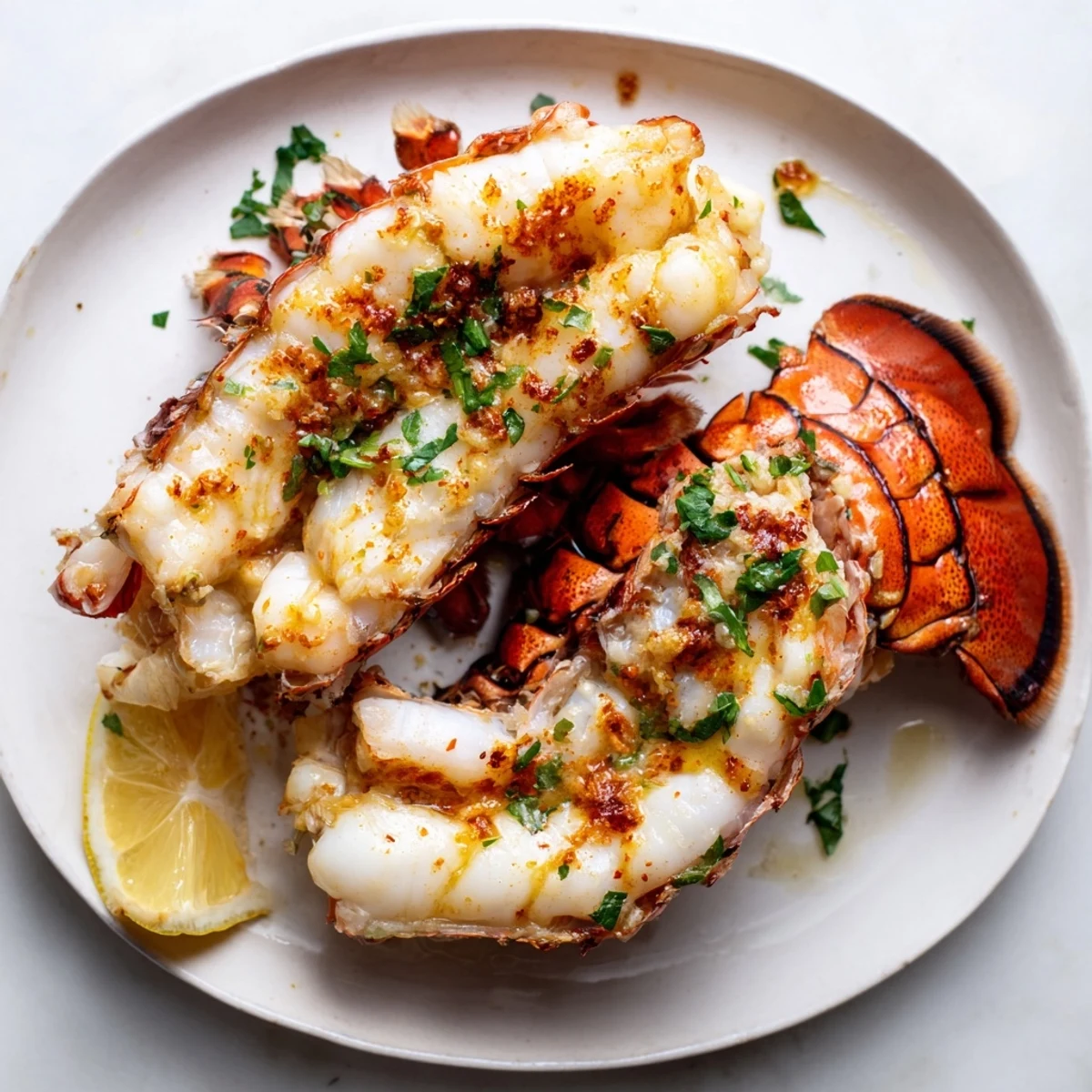 Tender Air Fryer Lobster Tails on a platter with fresh parsley garnish, drizzled in smoky garlic butter sauce.
