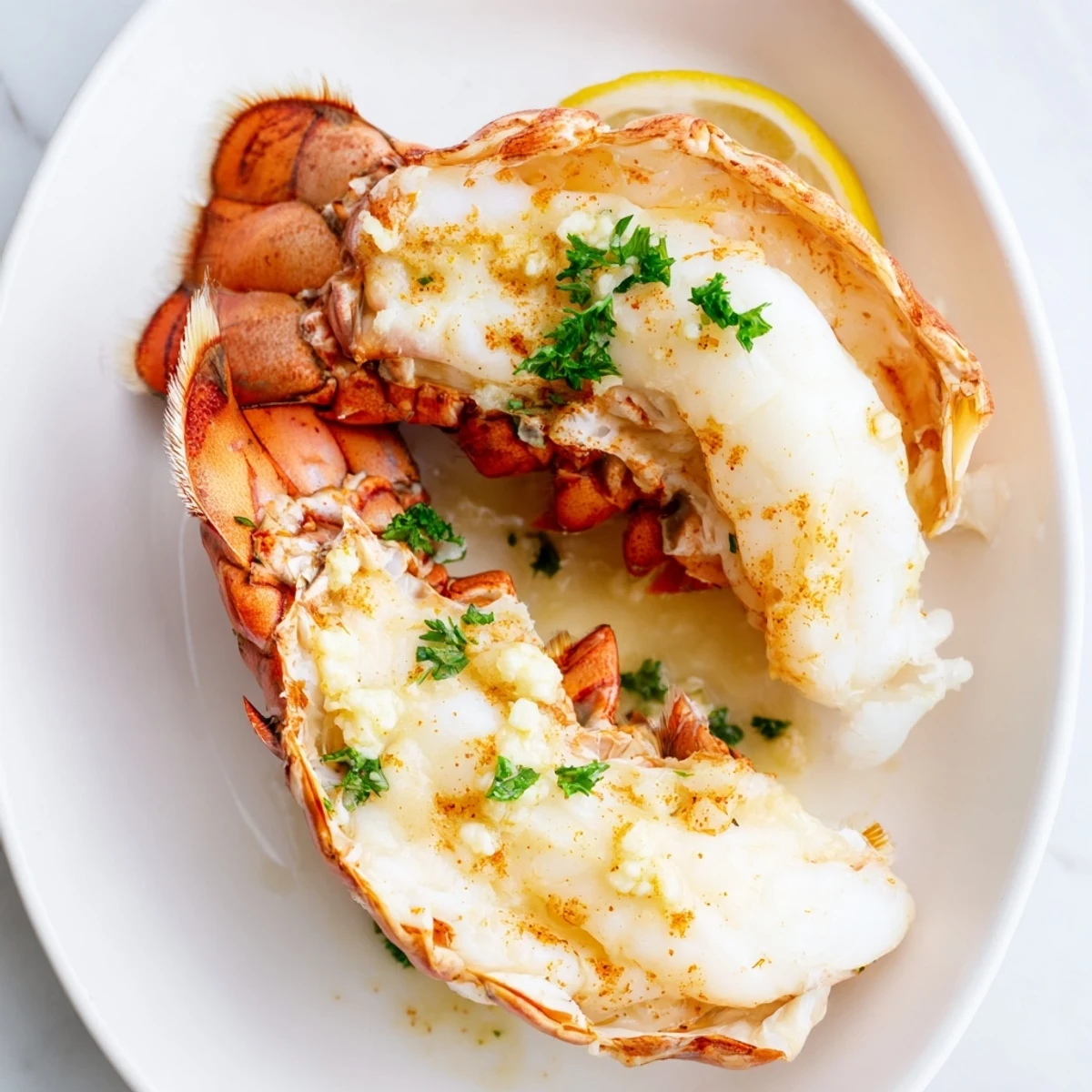 Perfectly cooked Air Fryer Lobster Tails with melted butter, lemon juice, and paprika alongside steamed vegetables for dinner.