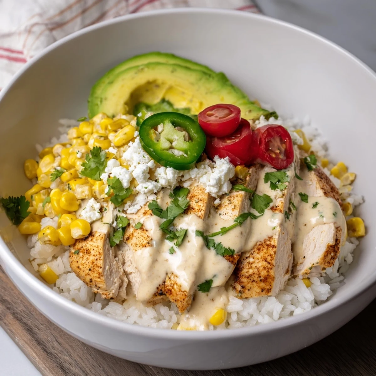 Juicy grilled chicken sits atop fluffy rice in this Street Corn Chicken Rice Bowl with creamy corn and avocado slices.