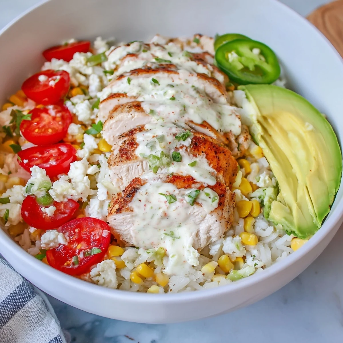 A vibrant Street Corn Chicken Rice Bowl features charred corn, cotija cheese, and fresh lime wedges on a white platter.