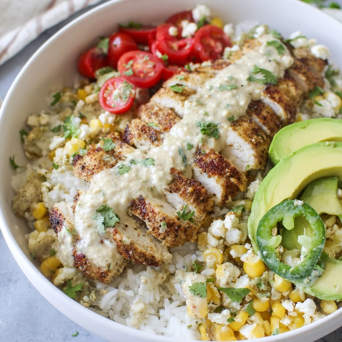Sliced chicken and tangy street corn topping make this Street Corn Chicken Rice Bowl a colorful, satisfying Mexican-inspired dinner.