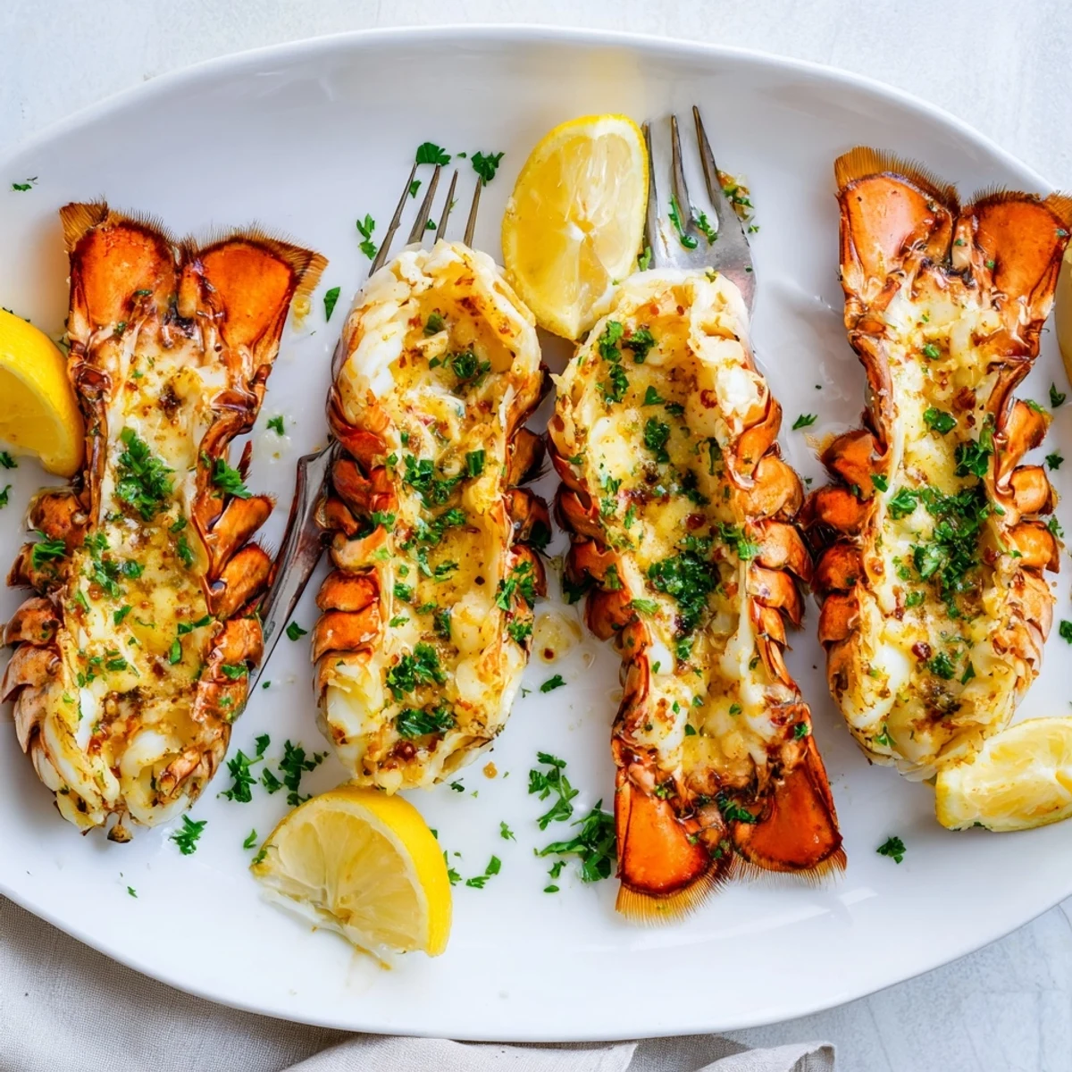 Four broiled Garlic Butter Lobster Tails sit glistening with aromatic garlic butter and fresh parsley garnish.