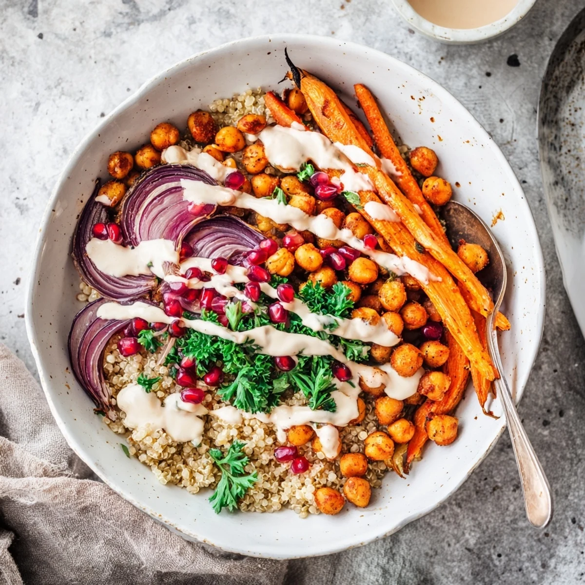 A vibrant One Pan Roasted Carrot Chickpea Bowl served over fluffy quinoa with fresh parsley and pomegranate seeds.