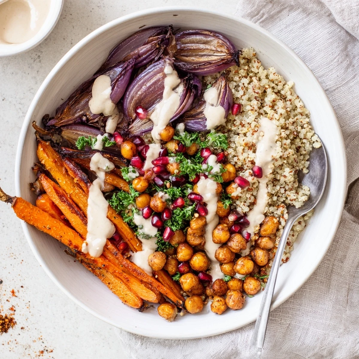 Golden roasted carrots and crispy chickpeas in a One Pan Roasted Carrot Chickpea Bowl topped with creamy tahini dressing.