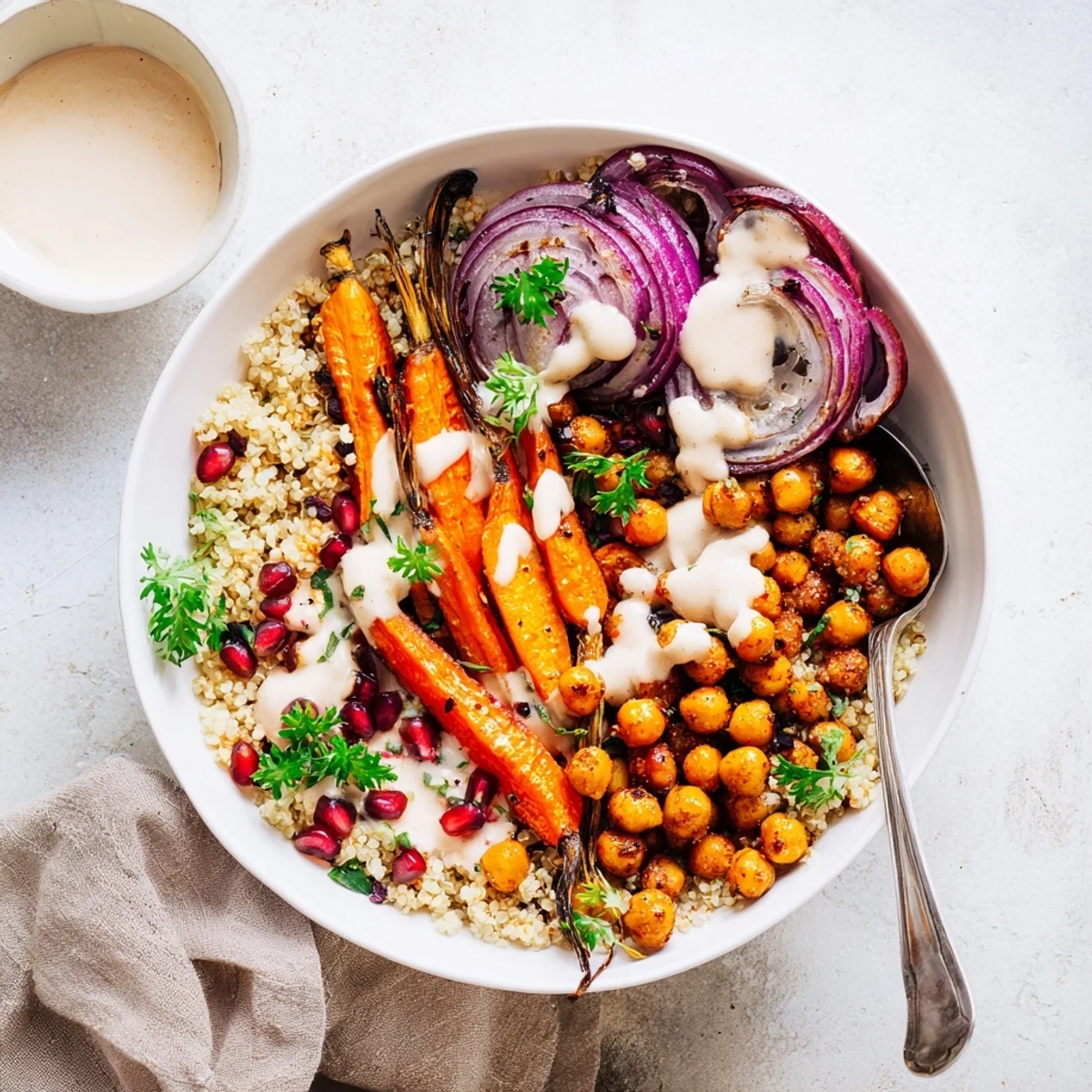 The One Pan Roasted Carrot Chickpea Bowl features warm spices and smoky aromas, ready to enjoy straight from the baking sheet.