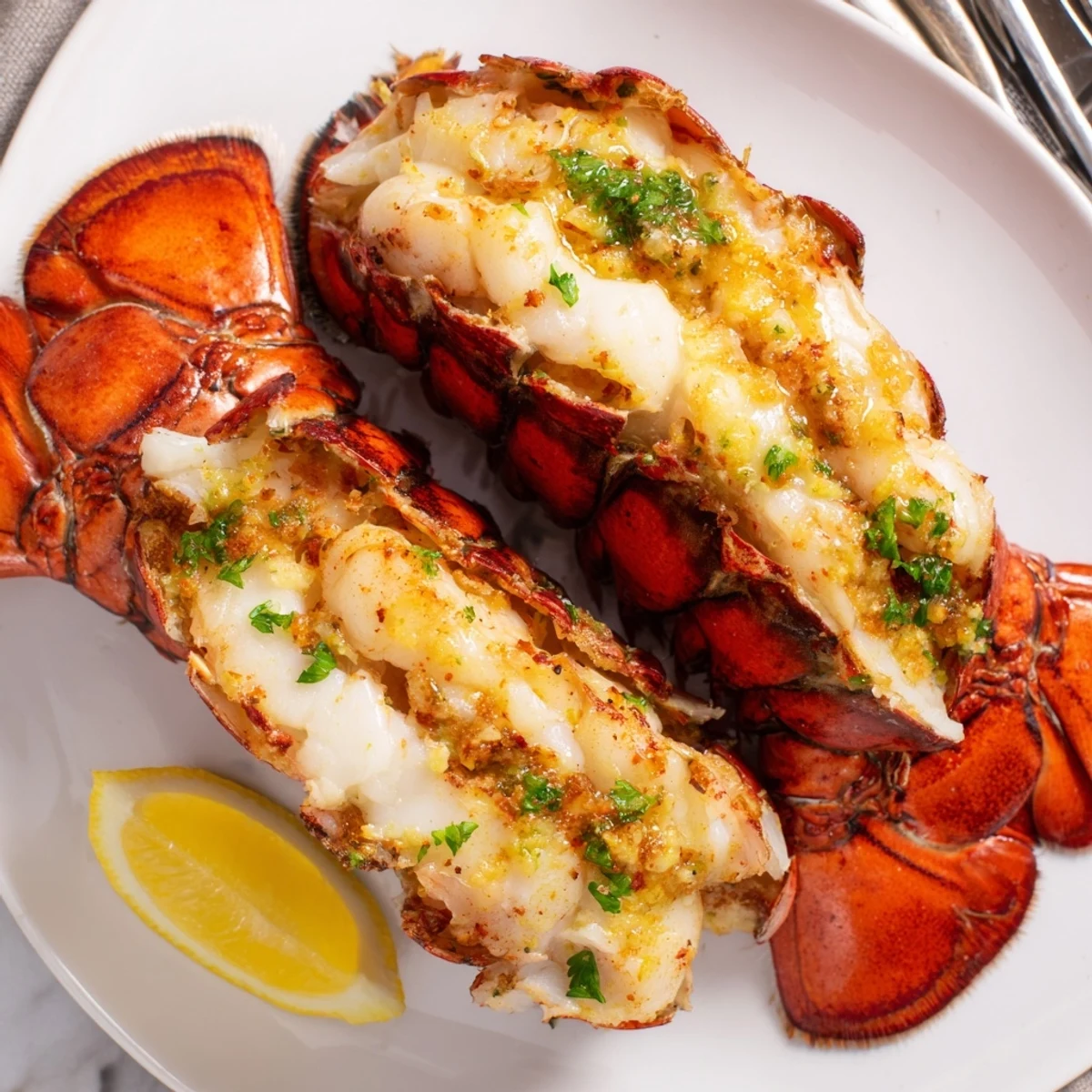 Easy Baked Lobster Tails glistening under butter, served with lemon wedges on a plate.