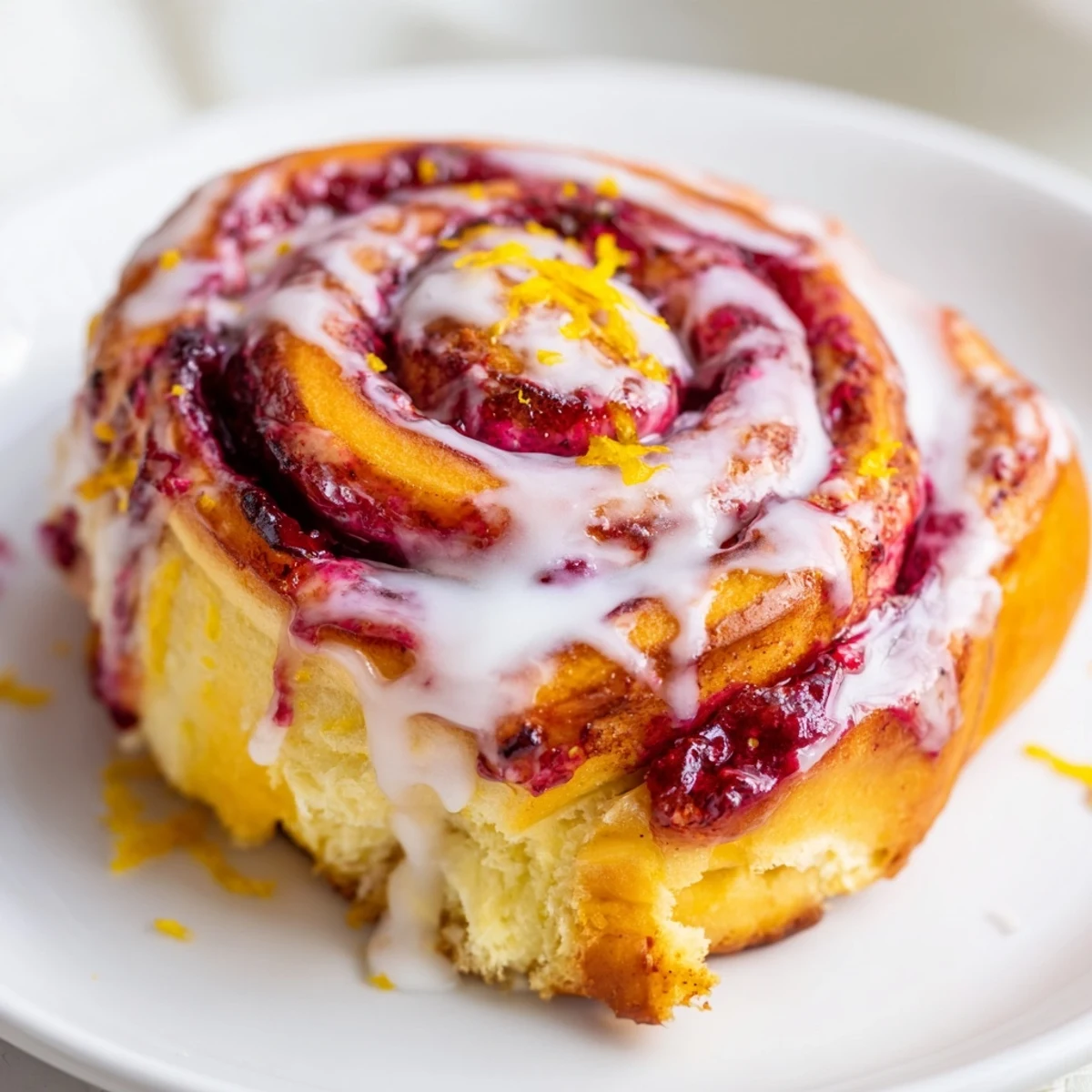 Warm Raspberry Cinnamon Rolls With Lemon Glaze are arranged on a white plate, with the bright glaze dripping over the golden-brown spirals and fresh raspberries scattered on top.
