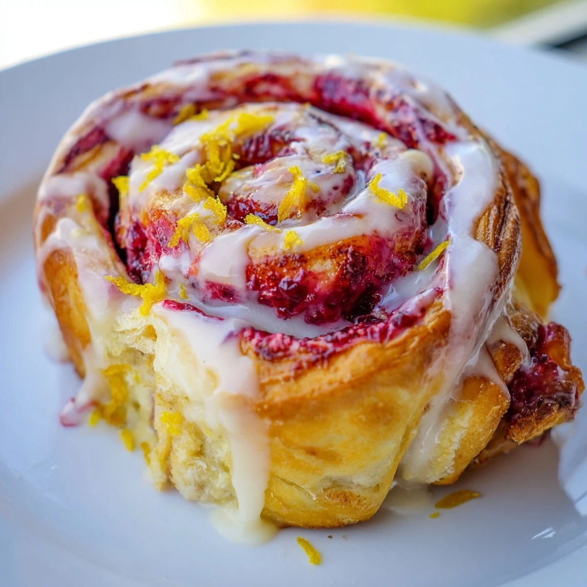 A close-up view of Raspberry Cinnamon Rolls With Lemon Glaze showcases the vibrant pink raspberry filling and powdery lemon icing, perfect for a cozy brunch spread.