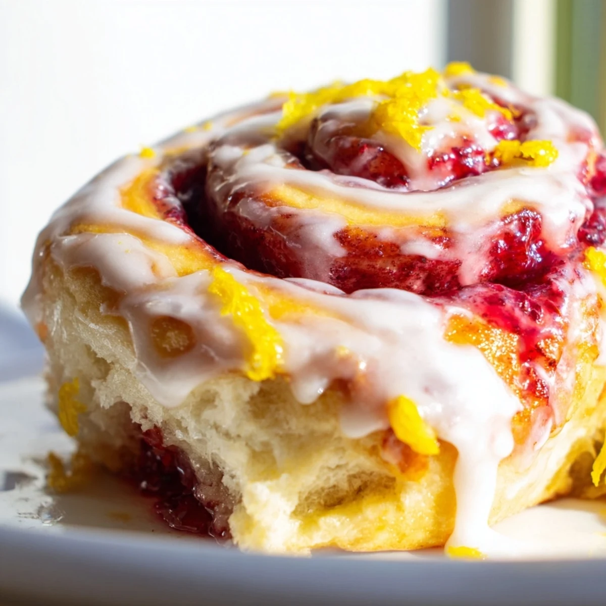Freshly baked Raspberry Cinnamon Rolls With Lemon Glaze rest on a wooden board, their soft texture and sweet-tart aroma inviting you to take a bite.