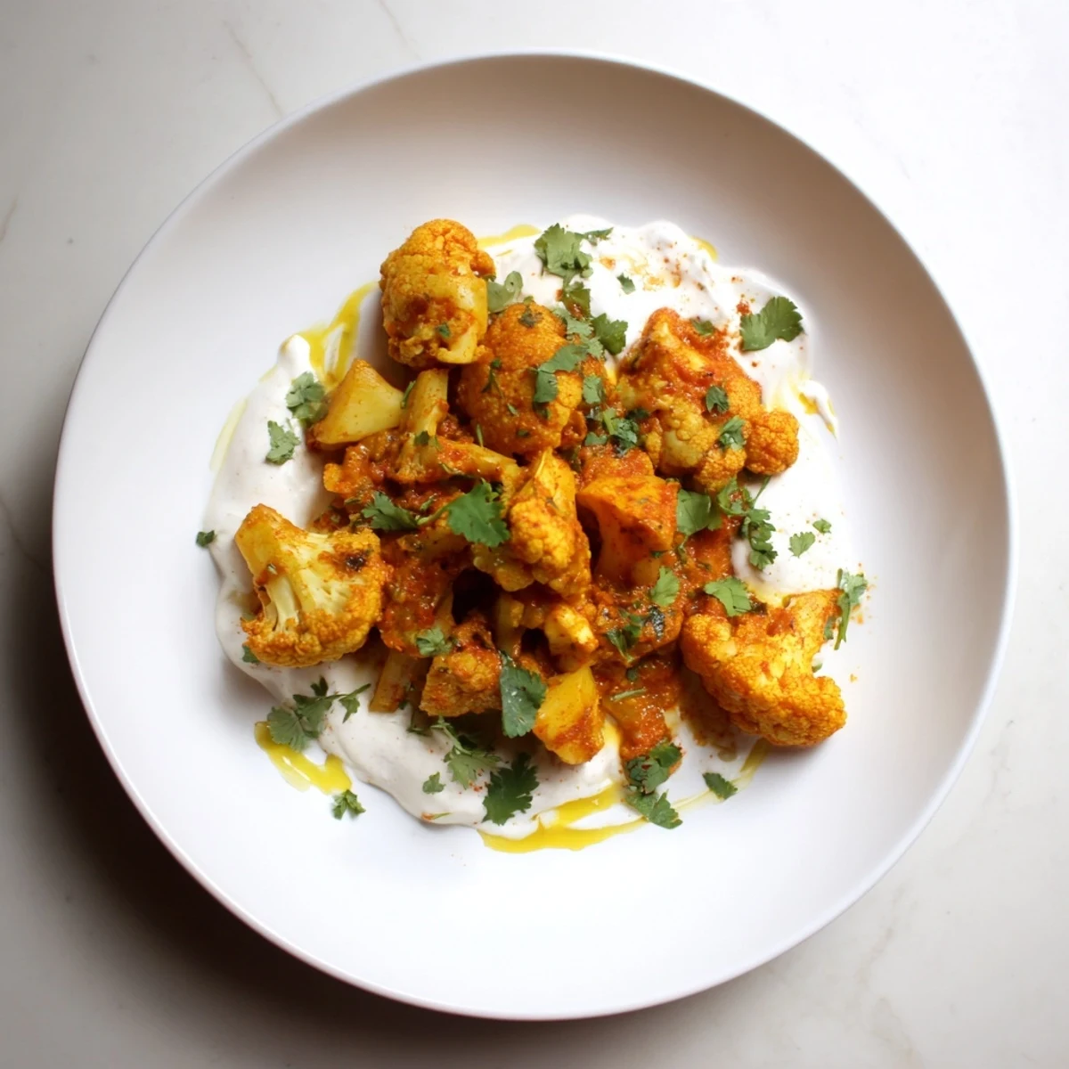 Golden potatoes and cauliflower florets simmer in a rich buttery tomato sauce for this Indian Butter Spiced Potatoes and Cauliflower.