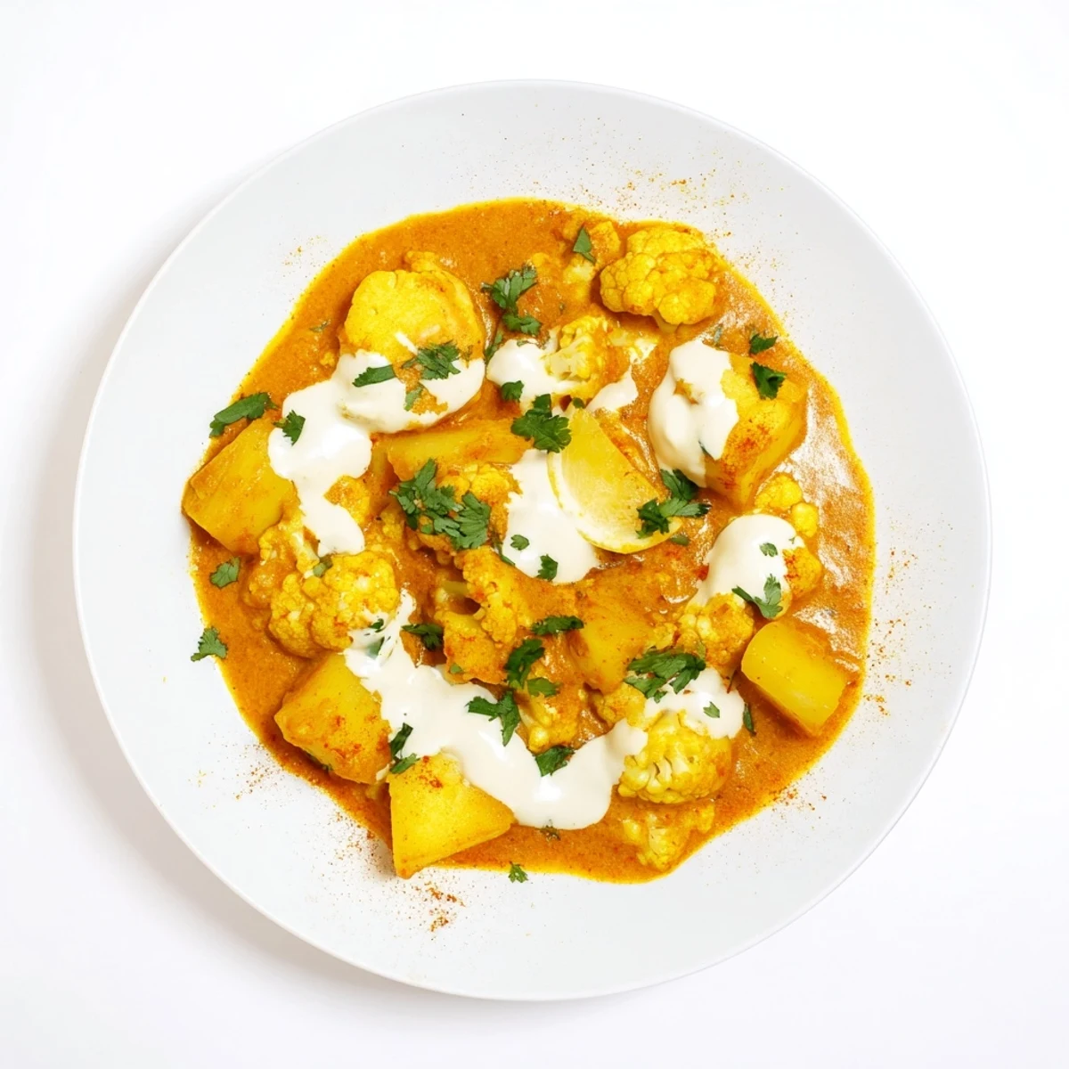 A spoon lifts tender Indian Butter Spiced Potatoes and Cauliflower from a skillet, showing creamy orange spiced sauce.