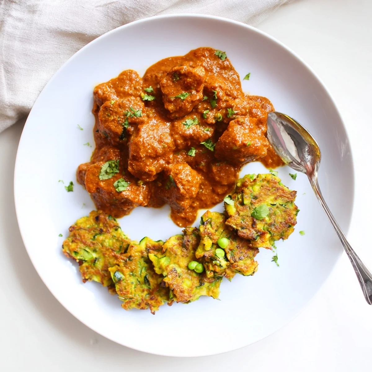 Creamy, aromatic Butter Chicken and Vegetable Fritters are plated together for a comforting, golden-brown Indian-inspired dinner.