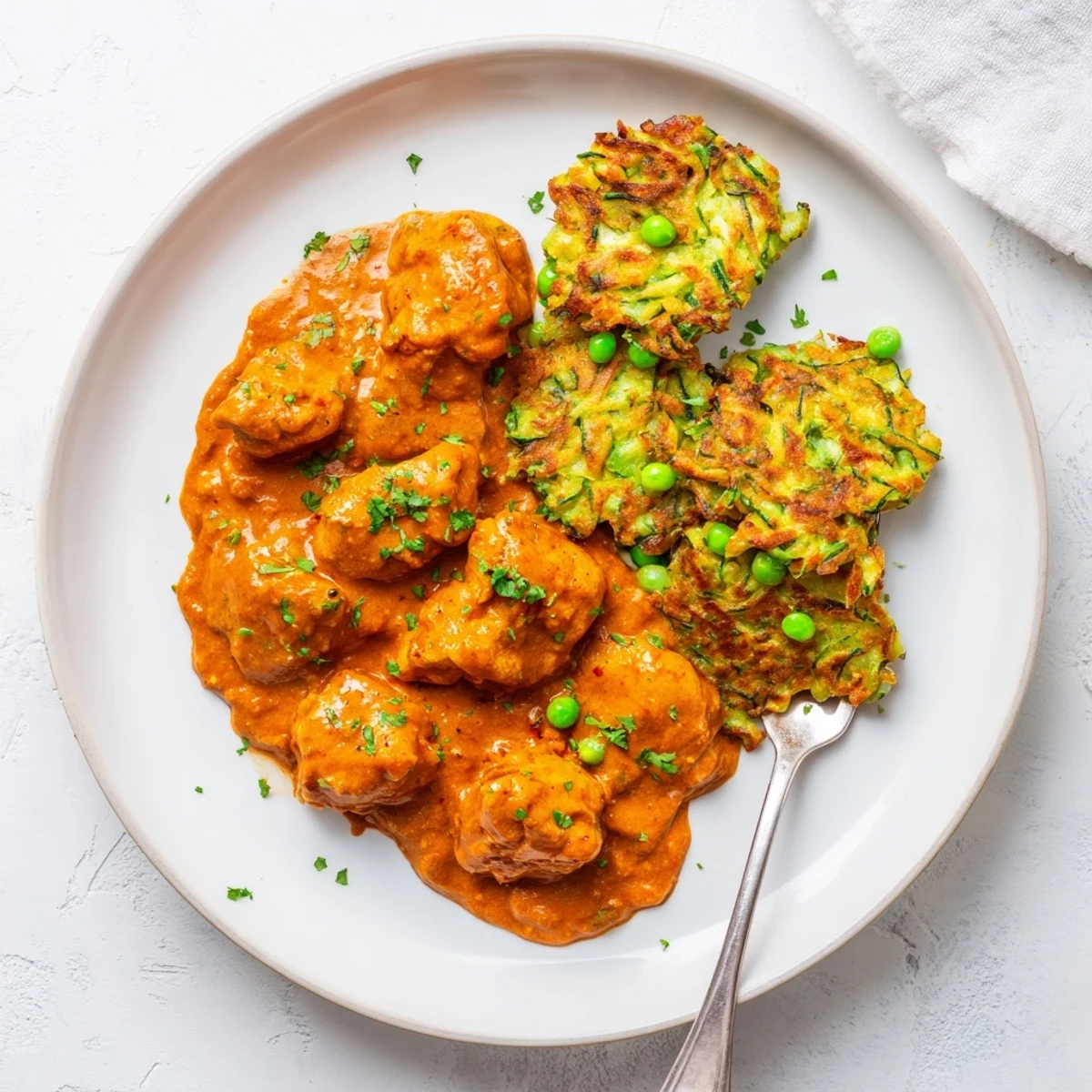 Golden vegetable fritters sit beside richly spiced Butter Chicken, garnished with fresh cilantro for a festive, indulgent meal.
