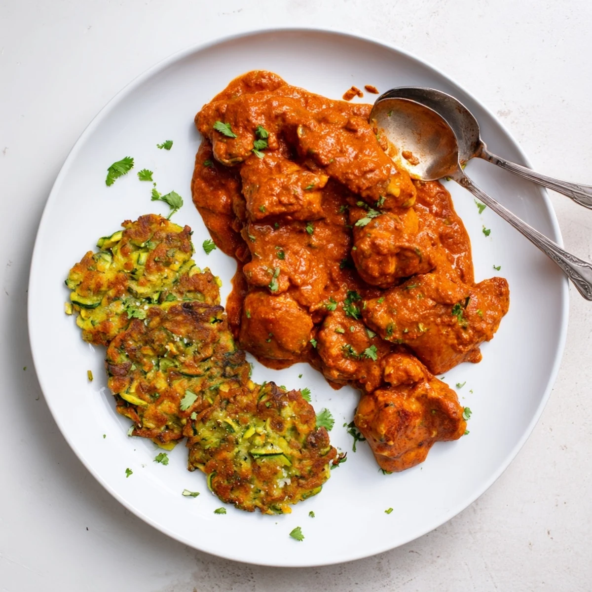 A close-up of Butter Chicken and Vegetable Fritters shows creamy tomato sauce and crispy, savory vegetable cakes on a plate.
