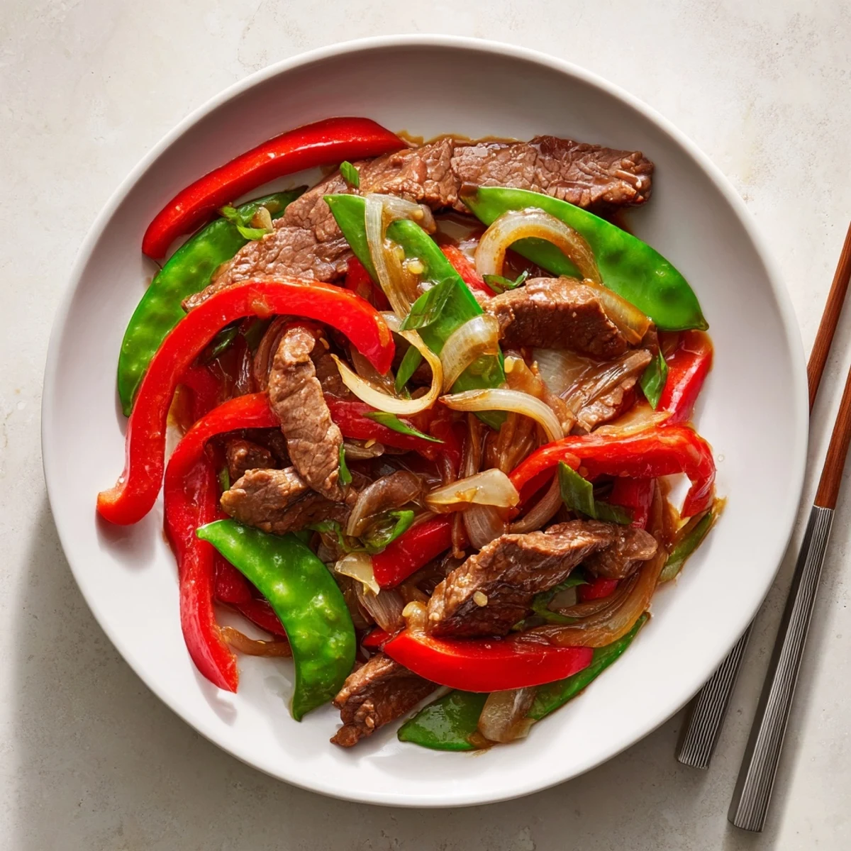 Tender beef with oyster sauce stir-fried with vibrant bell peppers and snow peas in a glossy sauce.