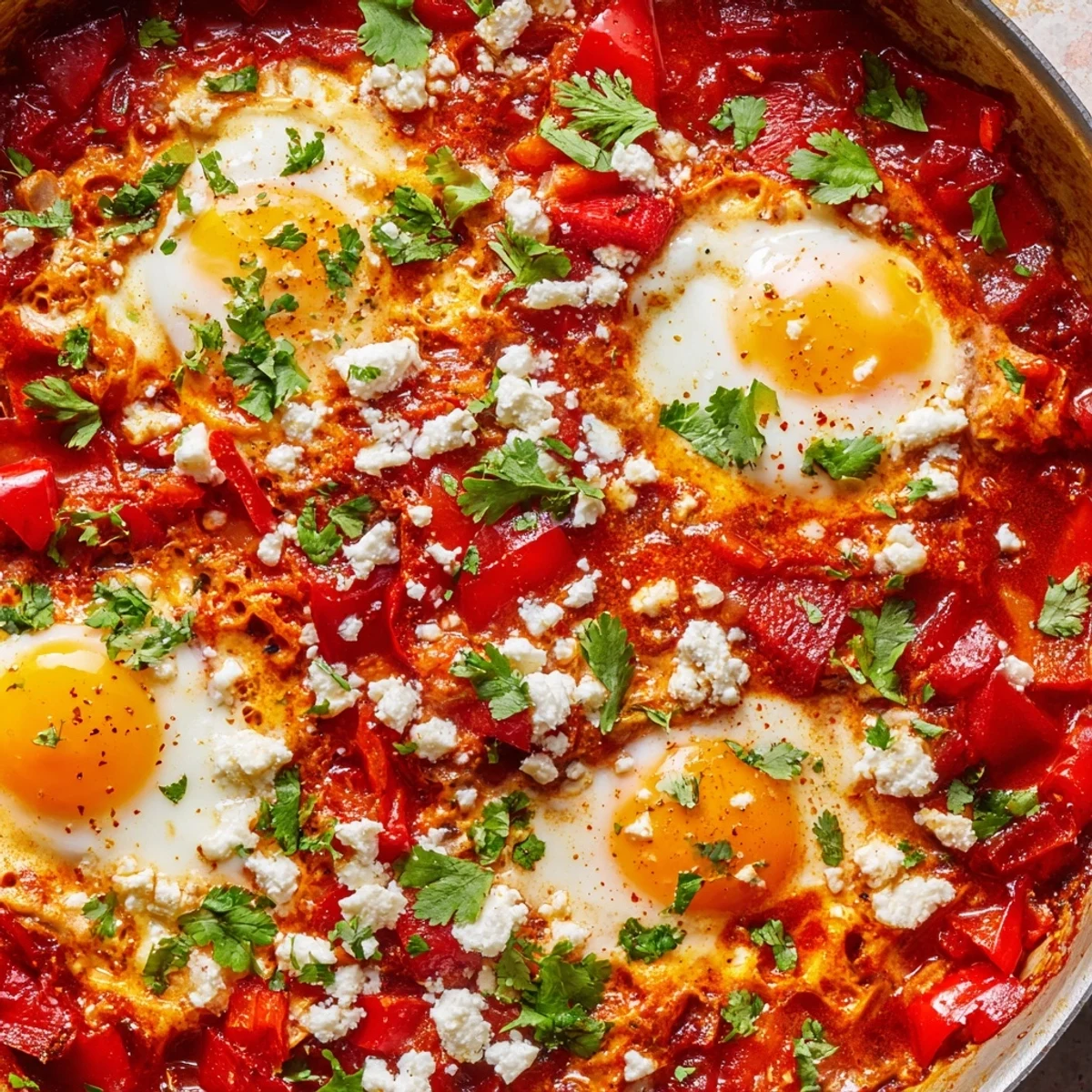 A close-up of Quick Shakshuka Eggs simmering in a rich, spicy tomato and pepper sauce, with runny yolks and fresh cilantro.
