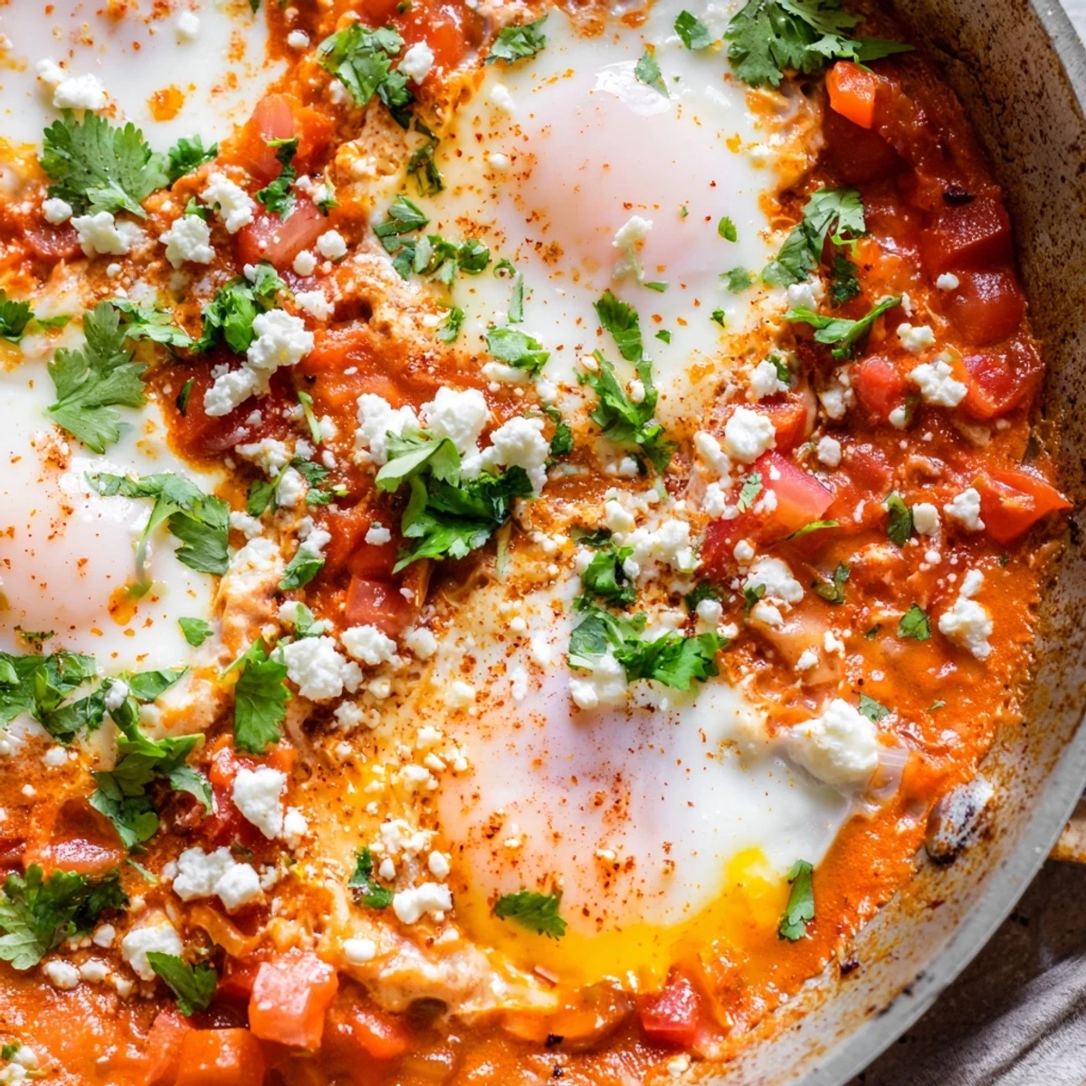 Top-down view of Quick Shakshuka Eggs, featuring four poached eggs nestled in a vibrant red sauce and garnished with parsley.