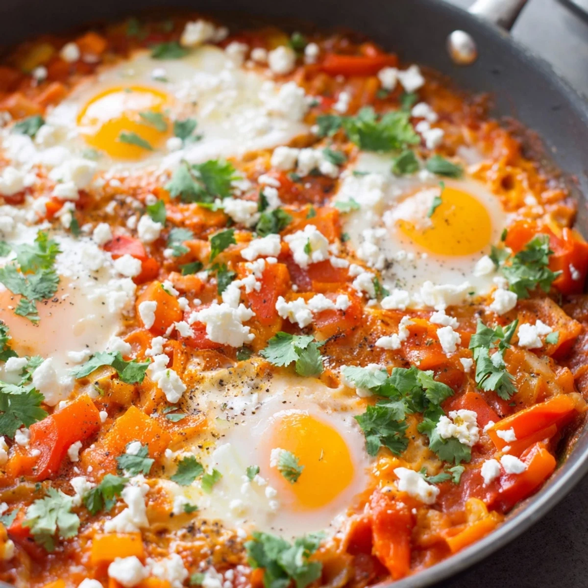 Serving suggestion for Quick Shakshuka Eggs in a skillet, topped with crumbled feta and served alongside warm, crusty bread for dipping.