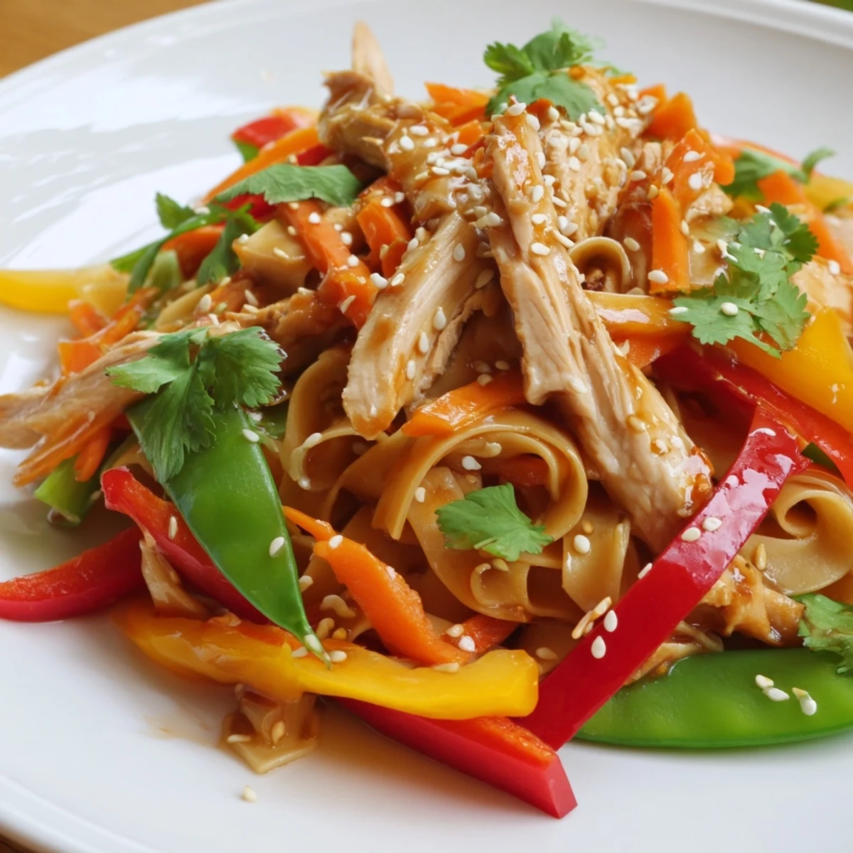 A wooden chopstick lifts a generous serving of Sweet Chilli Turkey Noodle Stir Fry, highlighting the tender turkey and glazing sauce.