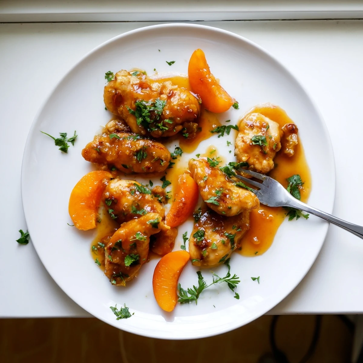 Golden-brown seared Classic Apricot Chicken breasts simmering in a glossy, sweet apricot glaze in a cast-iron skillet.  