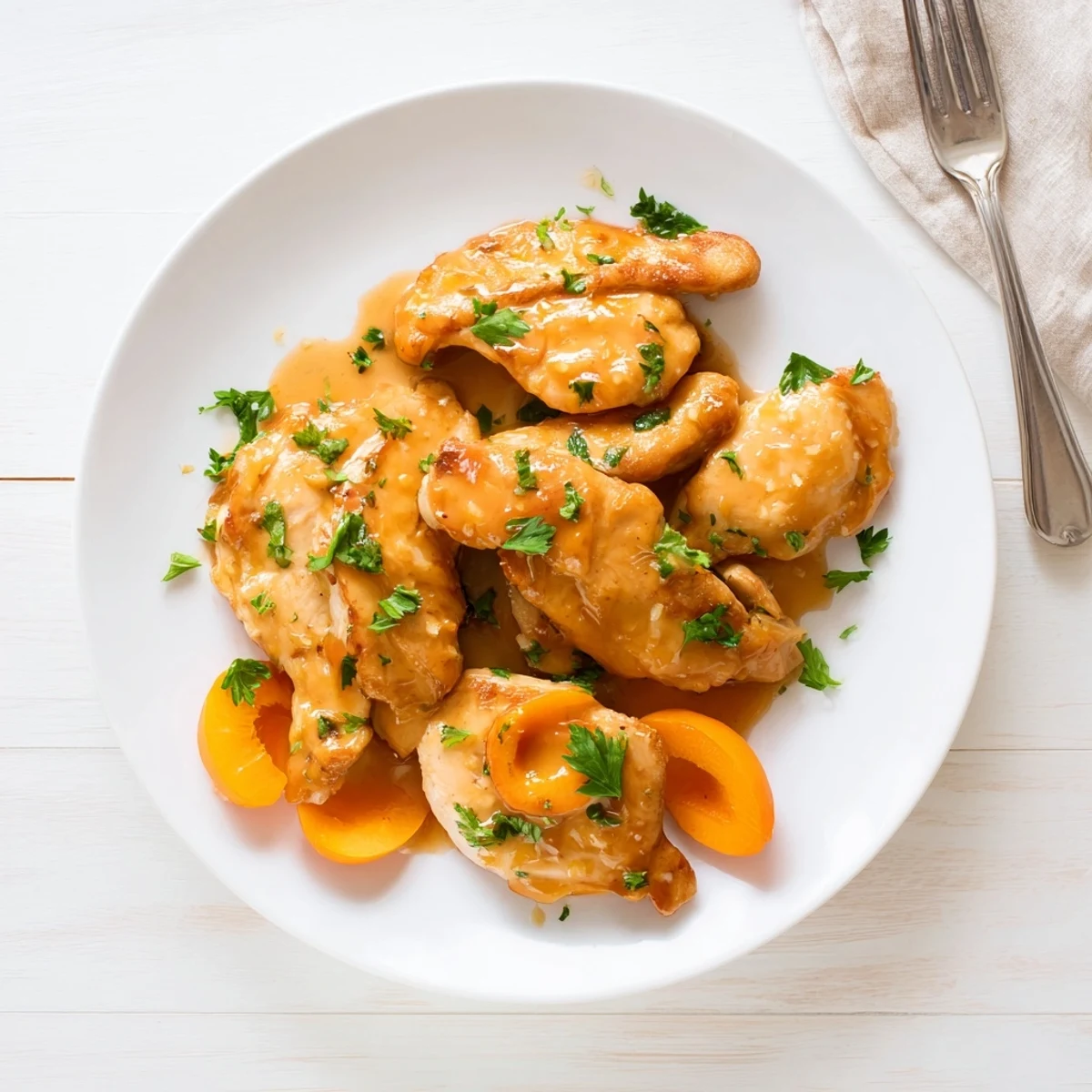 Close-up of juicy Classic Apricot Chicken coated in tangy apricot sauce, ready for a family dinner.