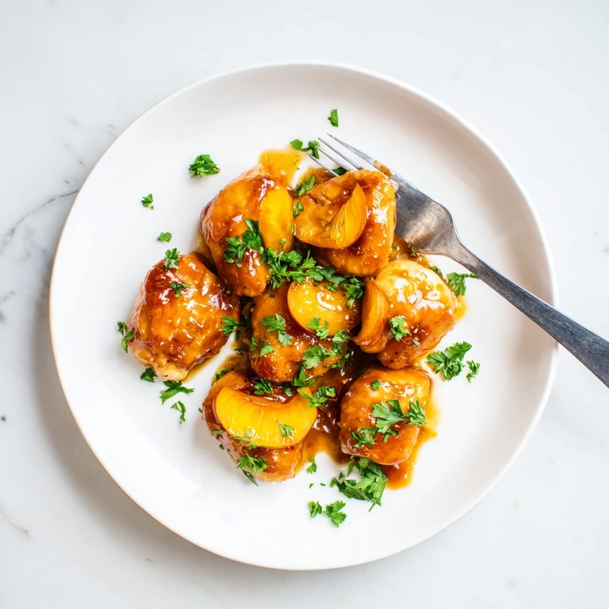 Tender Classic Apricot Chicken served hot over fluffy white rice with fresh parsley and apricot slices.  
