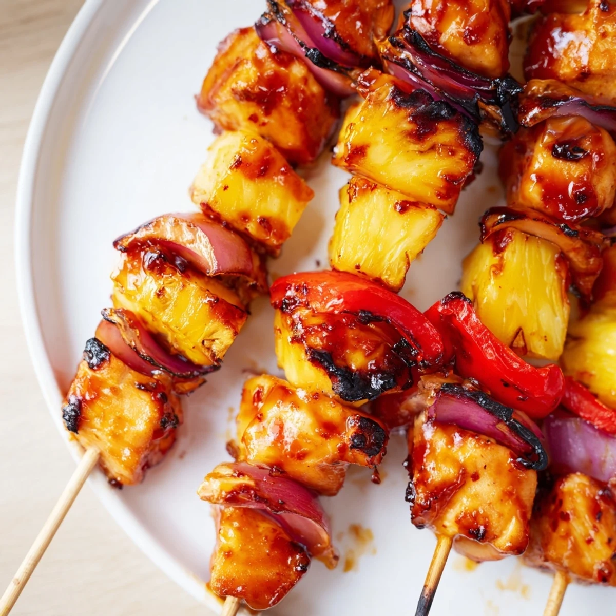 Close-up of Chicken and Pineapple BBQ Skewers with glistening glaze beside creamy coleslaw.
