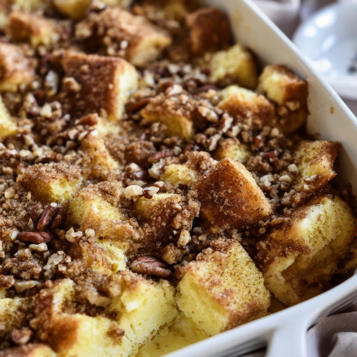 Freshly baked French Toast Casserole with golden brown top, served warm with maple syrup and fresh berries on a rustic wooden table.