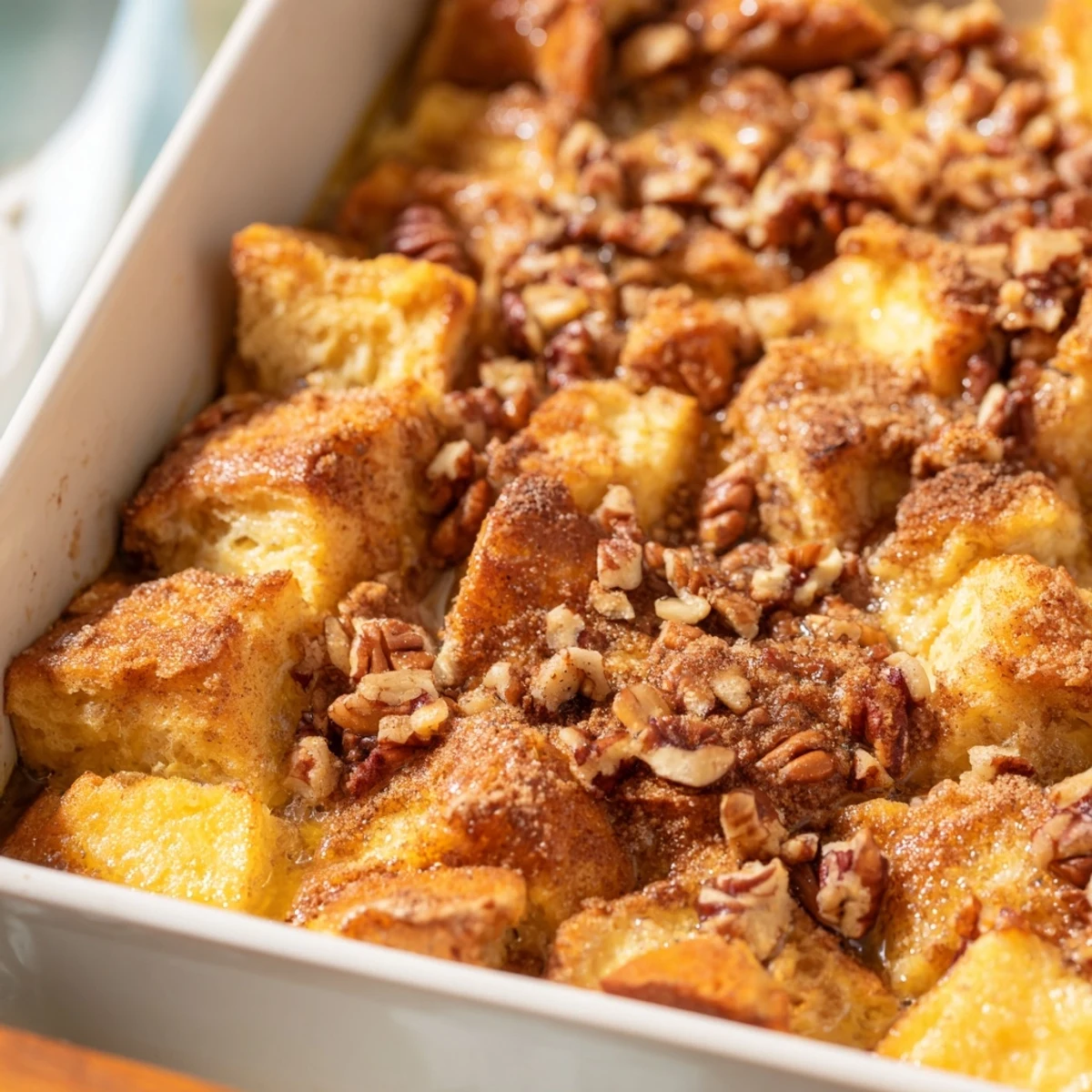 Golden-brown French Toast Casserole baked to perfection in a glass dish, ready for a comforting brunch with optional powdered sugar dusting.