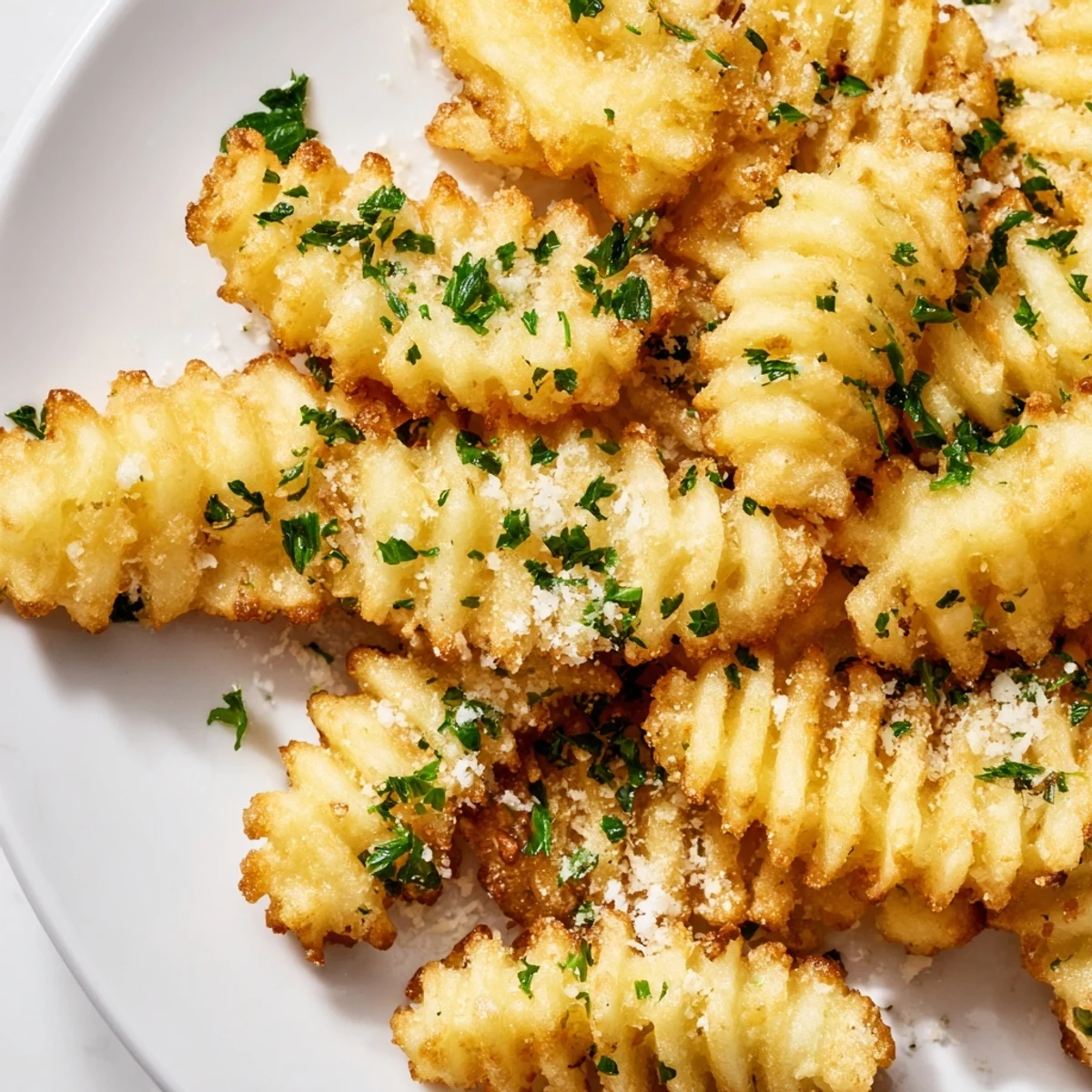 Golden, crispy Crispy Mashed Potato Fries baked to perfection on a sheet pan with parsley garnish.  