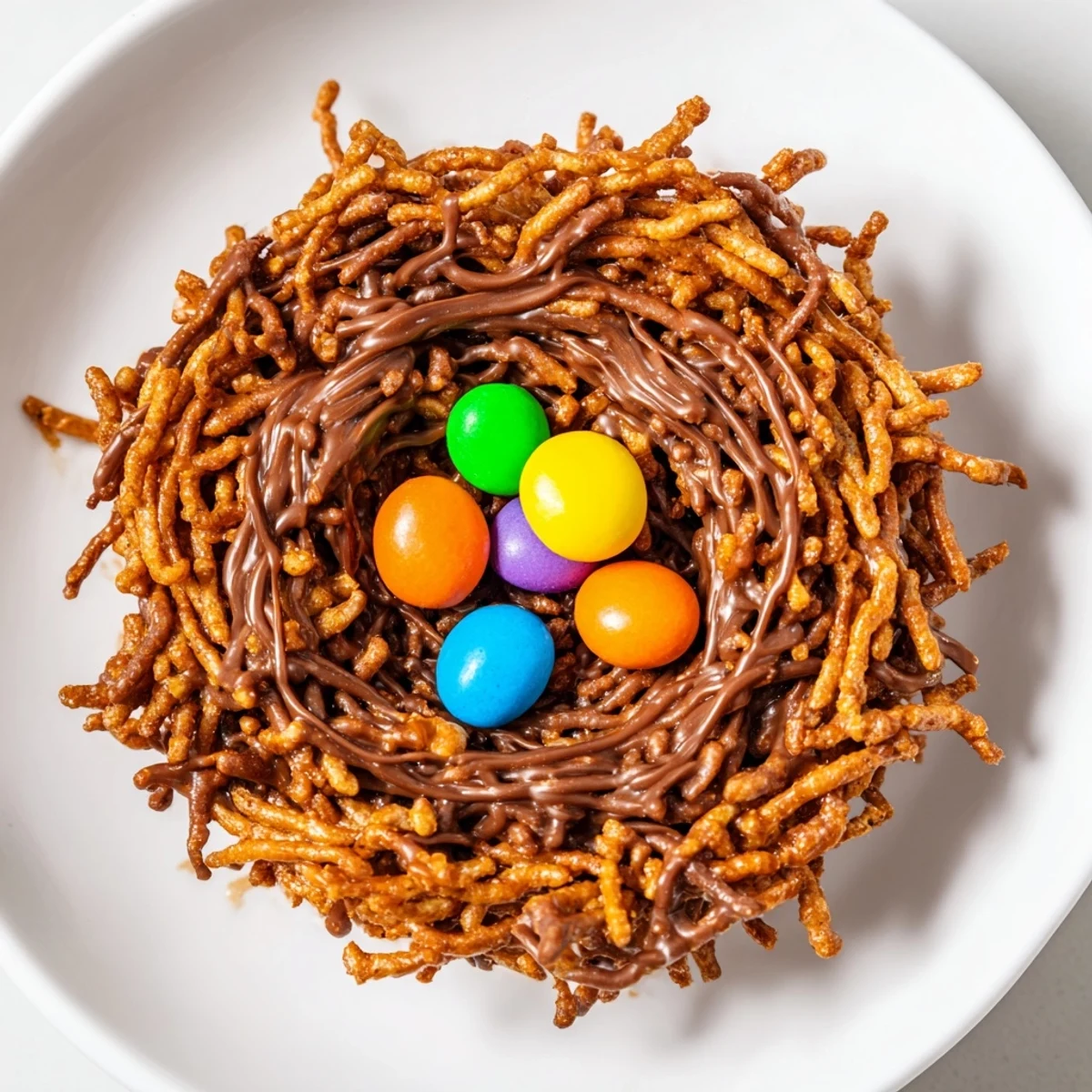 Easter Birds Nest Cookies with Peanut Butter and Chocolate displayed on a pastel plate, garnished with extra candy eggs.