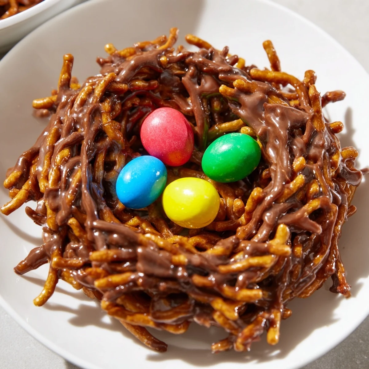 Close-up of Easter Birds Nest Cookies with Peanut Butter and Chocolate, showing crunchy chow mein noodles and melted chocolate.
