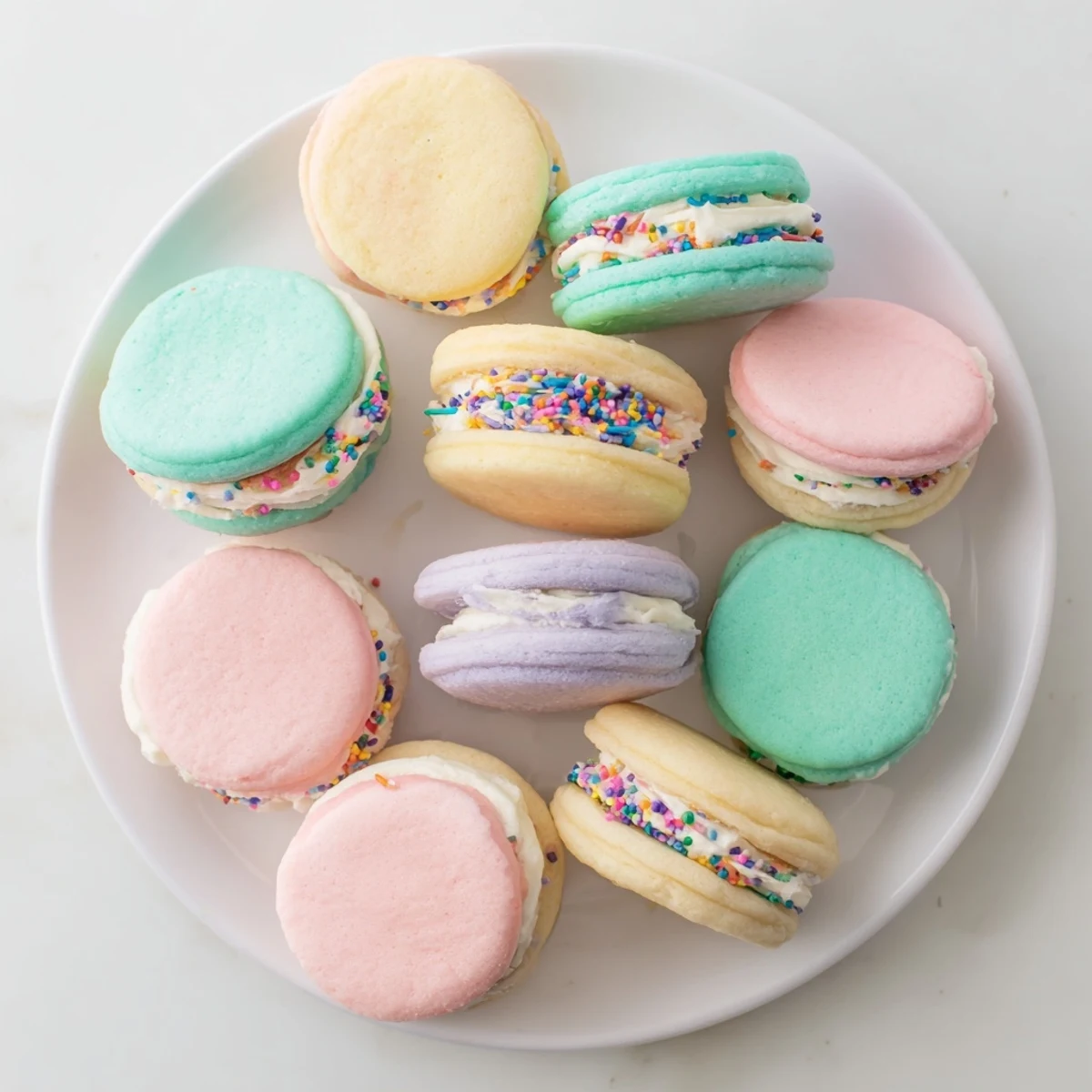 Pastel sugar cookie sandwiches stacked on a white plate, with creamy vanilla buttercream oozing slightly from the edges.  