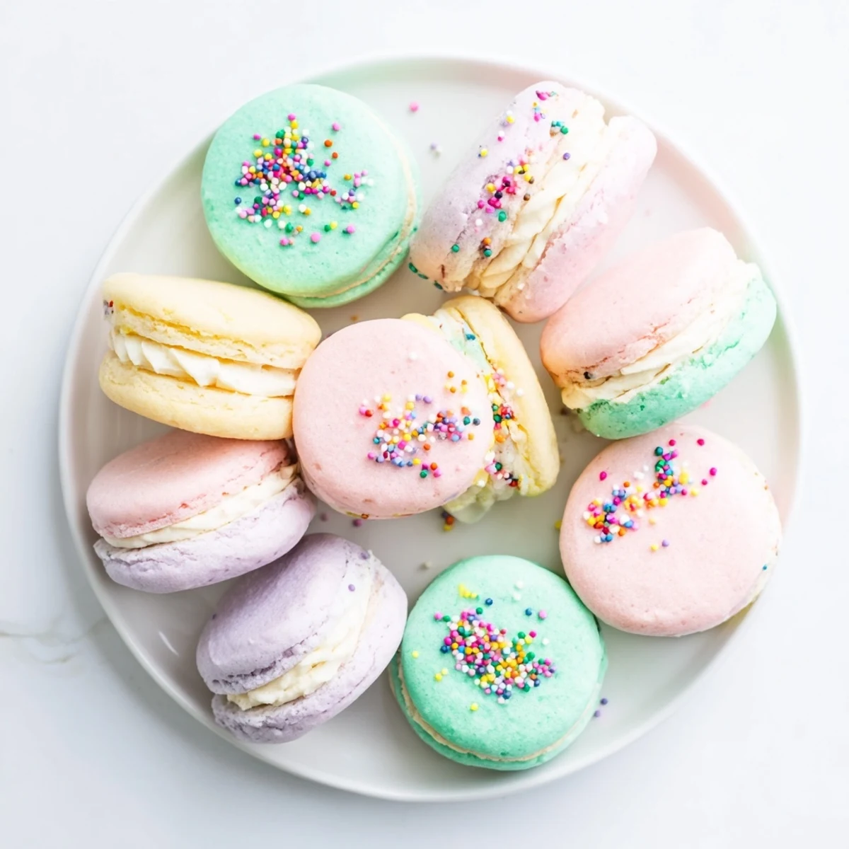 Delicate pastel sugar cookie sandwiches arranged on a pastel blue surface, some decorated with colorful sprinkles for Easter.  