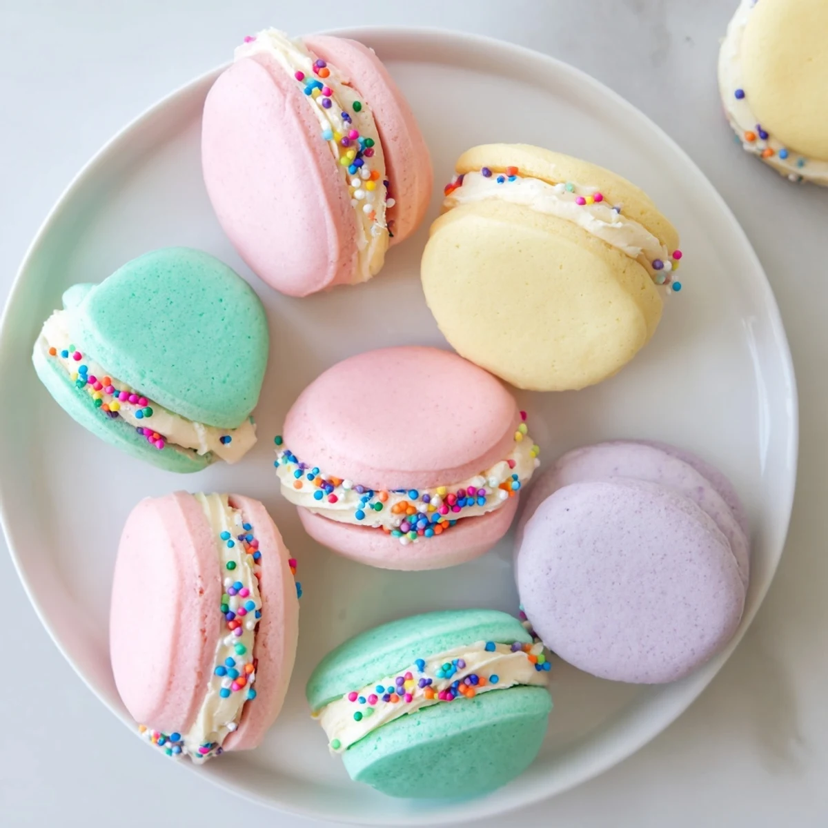 A close-up of pastel sugar cookie sandwiches showing the soft, chewy texture and smooth vanilla buttercream filling.