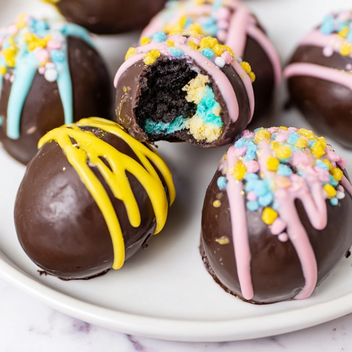 Sweet Easter Egg Oreo Balls sit on a pastel plate, coated in glossy chocolate with colorful sprinkles, perfect for spring celebrations.
