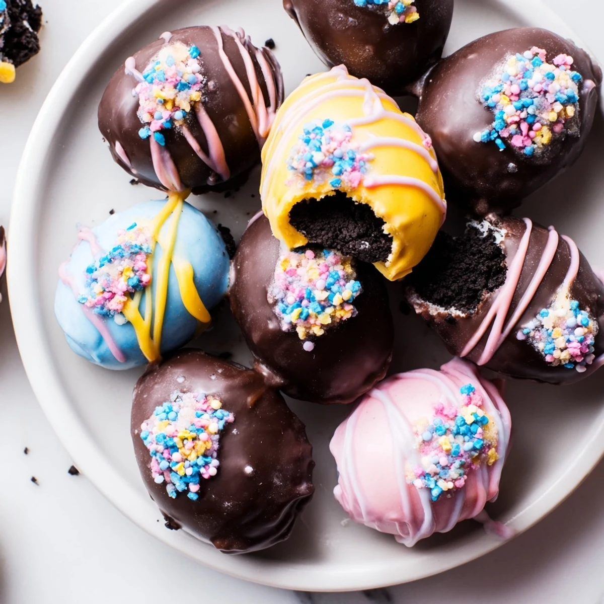 These no-bake Easter Egg Oreo Balls feature a creamy Oreo and cream cheese filling inside a rich chocolate shell, ready to serve.