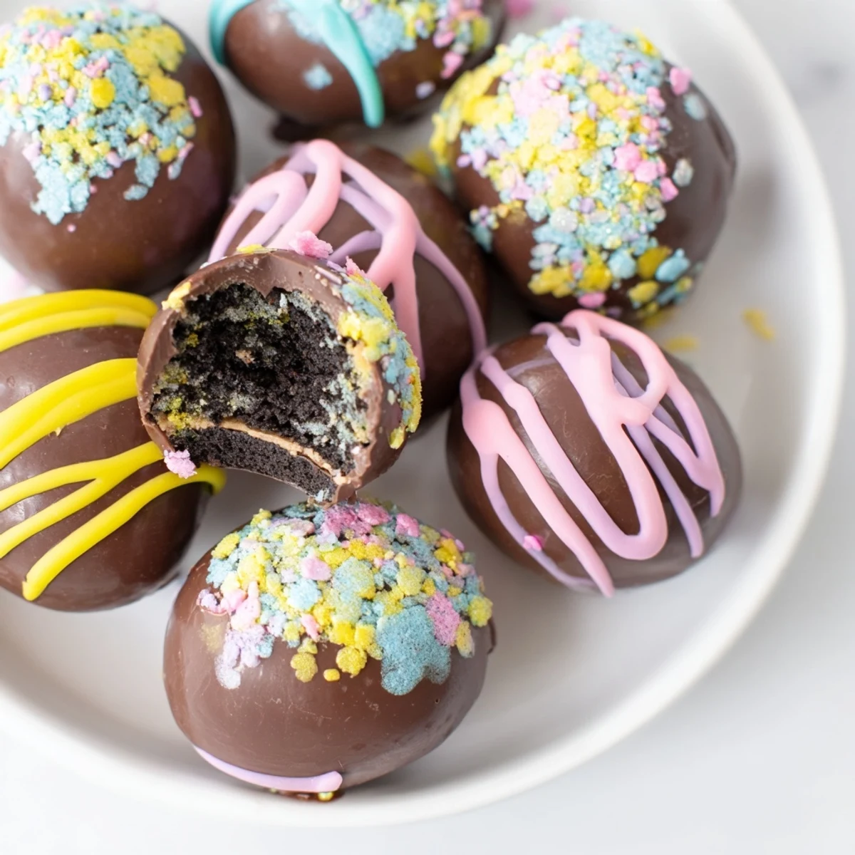 Close-up of homemade Easter Egg Oreo Balls decorated with white chocolate drizzle, looking festive and delicious on a decorative platter.