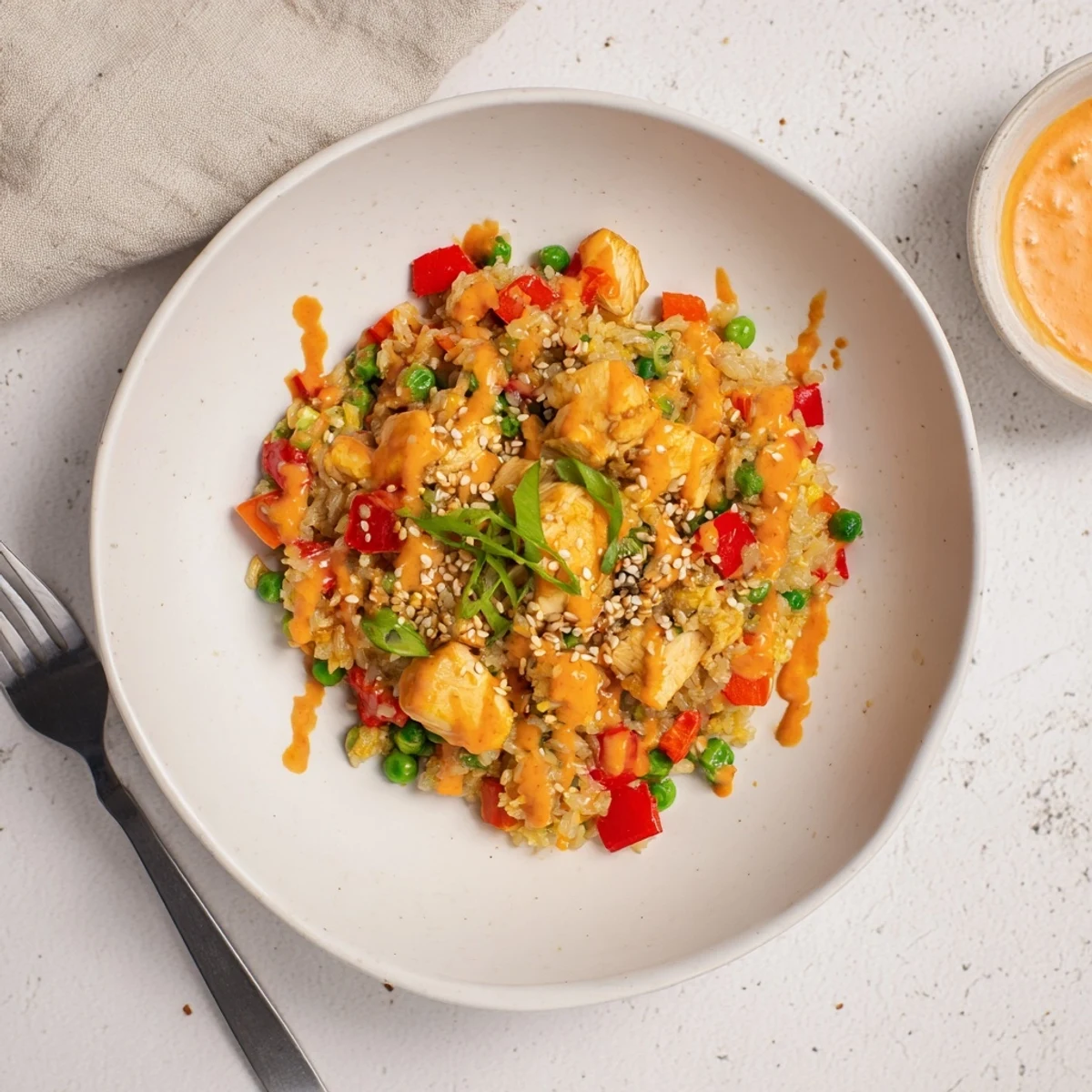 A close-up view of Bang Bang Fried Rice showing fluffy jasmine rice, crispy scrambled eggs, and colorful bell peppers garnished with toasted sesame seeds.