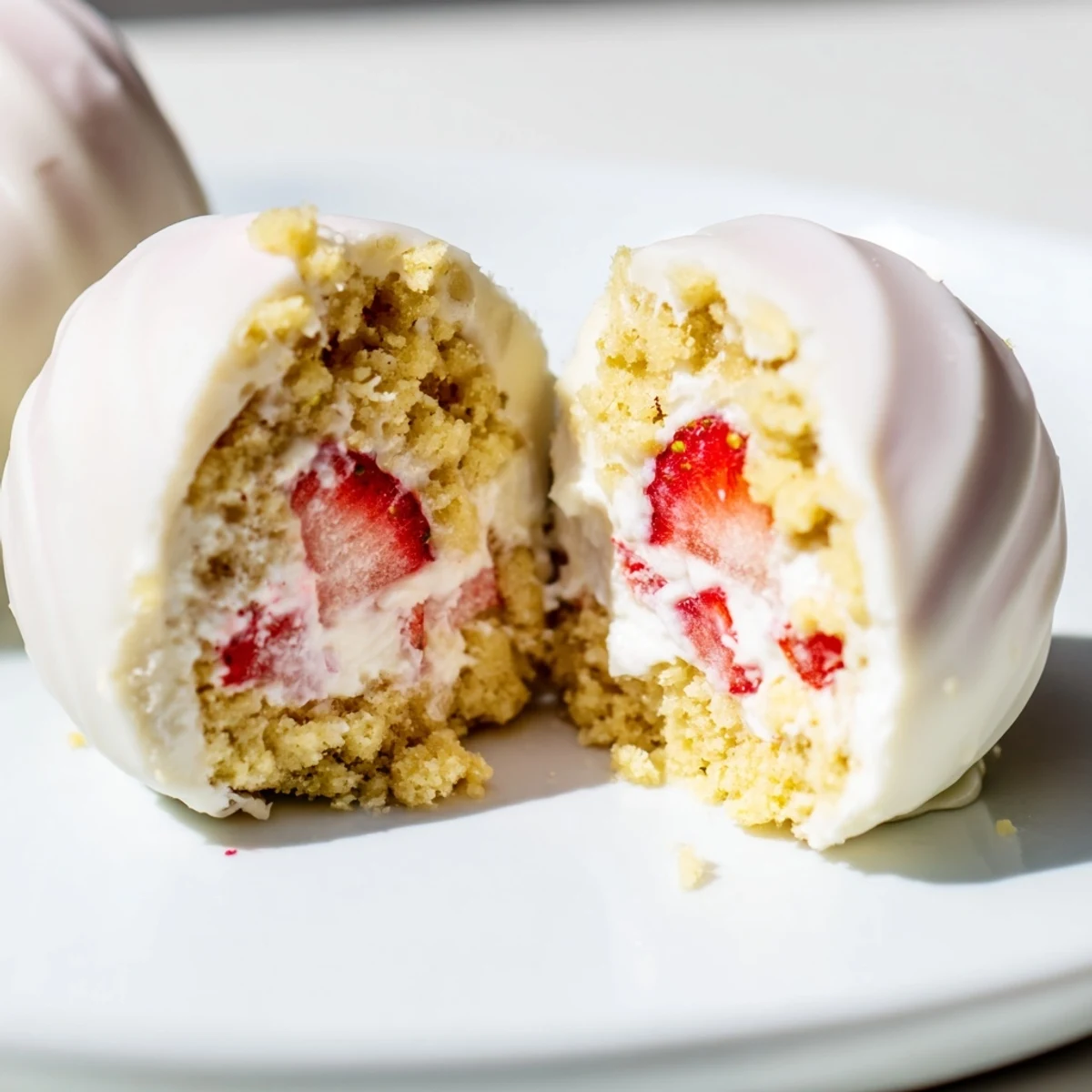 A close-up of Strawberry Shortcake Easter Egg Bombs, with creamy white chocolate shells dusted with edible glitter and filled with bright strawberry pieces.