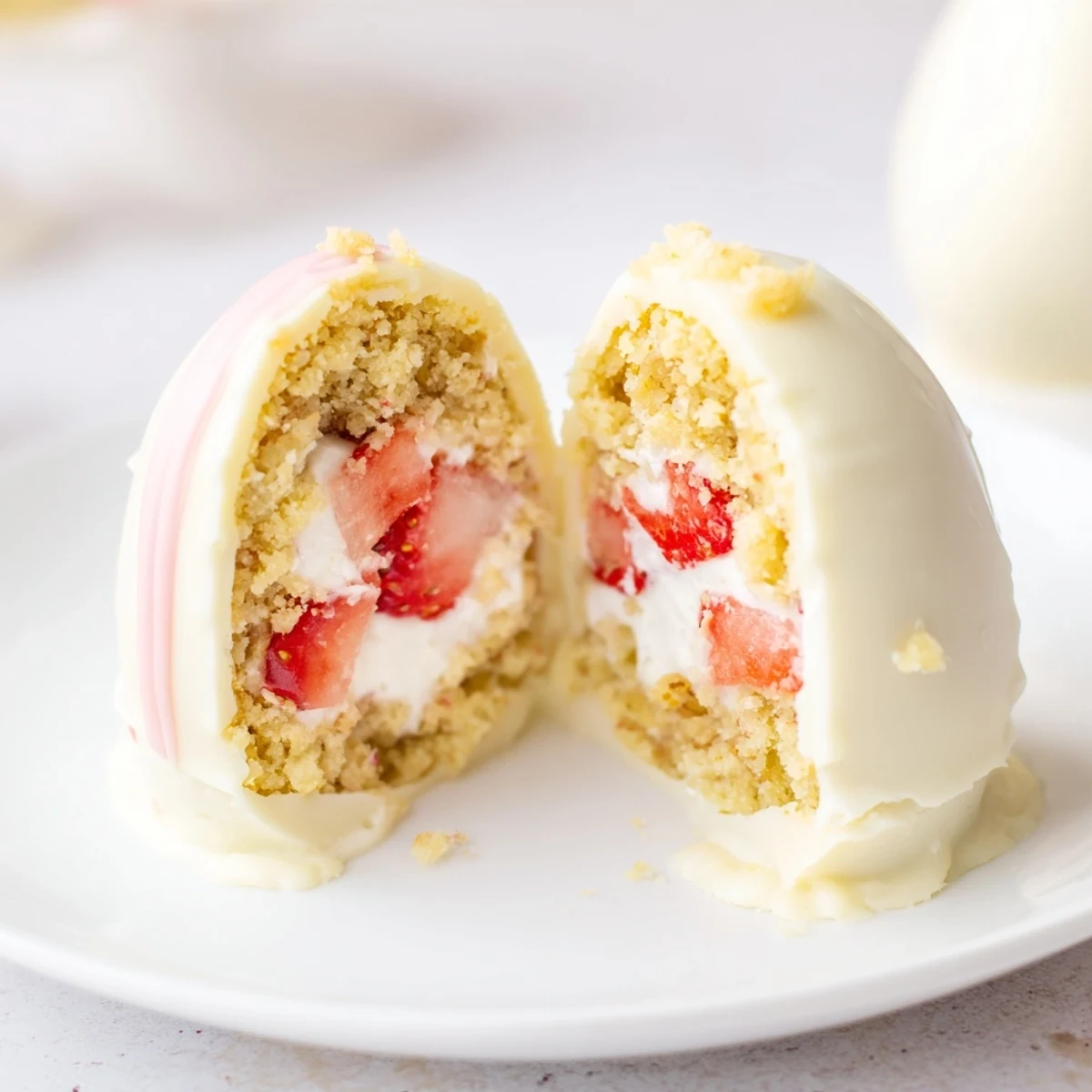Inside view of a cracked Strawberry Shortcake Easter Egg Bomb revealing fluffy biscuit crumbles, fresh diced strawberries, and a cloud of whipped cream.