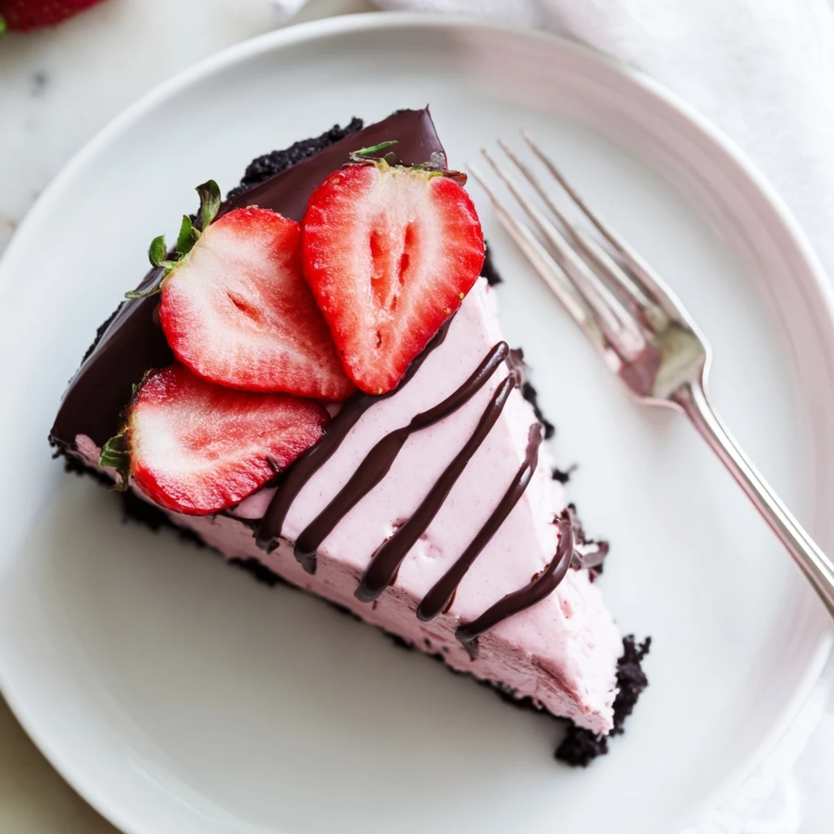 A slice of Chocolate Covered Strawberry Cheesecake on a white plate, showcasing its creamy texture and fresh berry garnish.