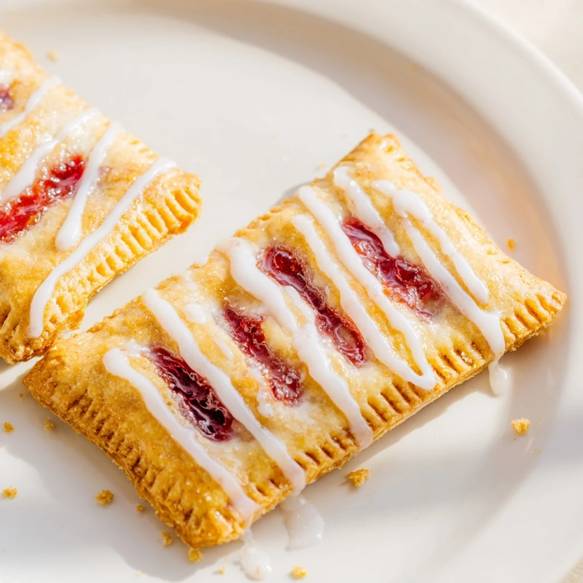 A close-up of Protein Pop Tarts revealing a vibrant fruity filling and crumbly pastry.