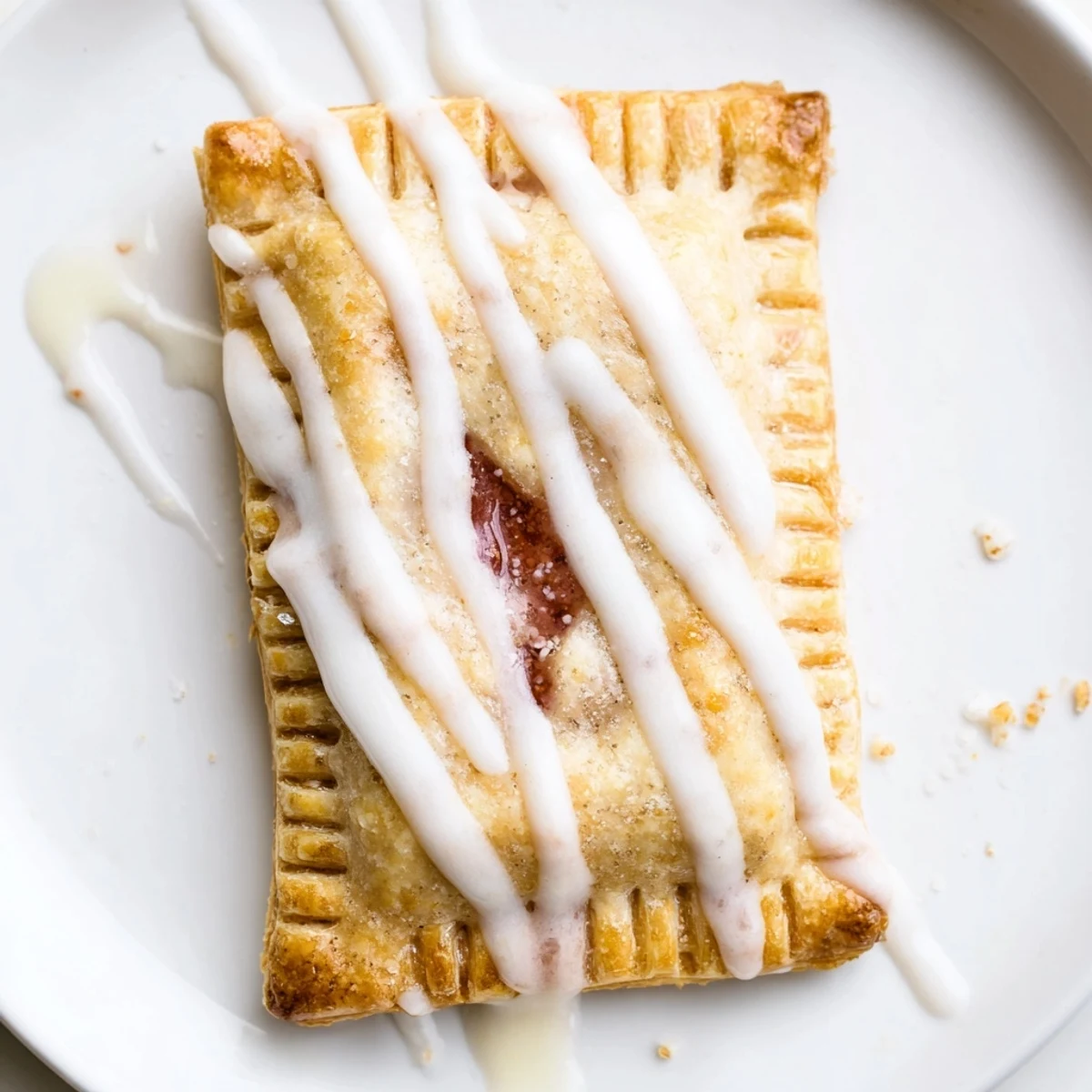 Golden-baked Protein Pop Tarts with a glossy vanilla icing drizzle on a rustic wooden table.