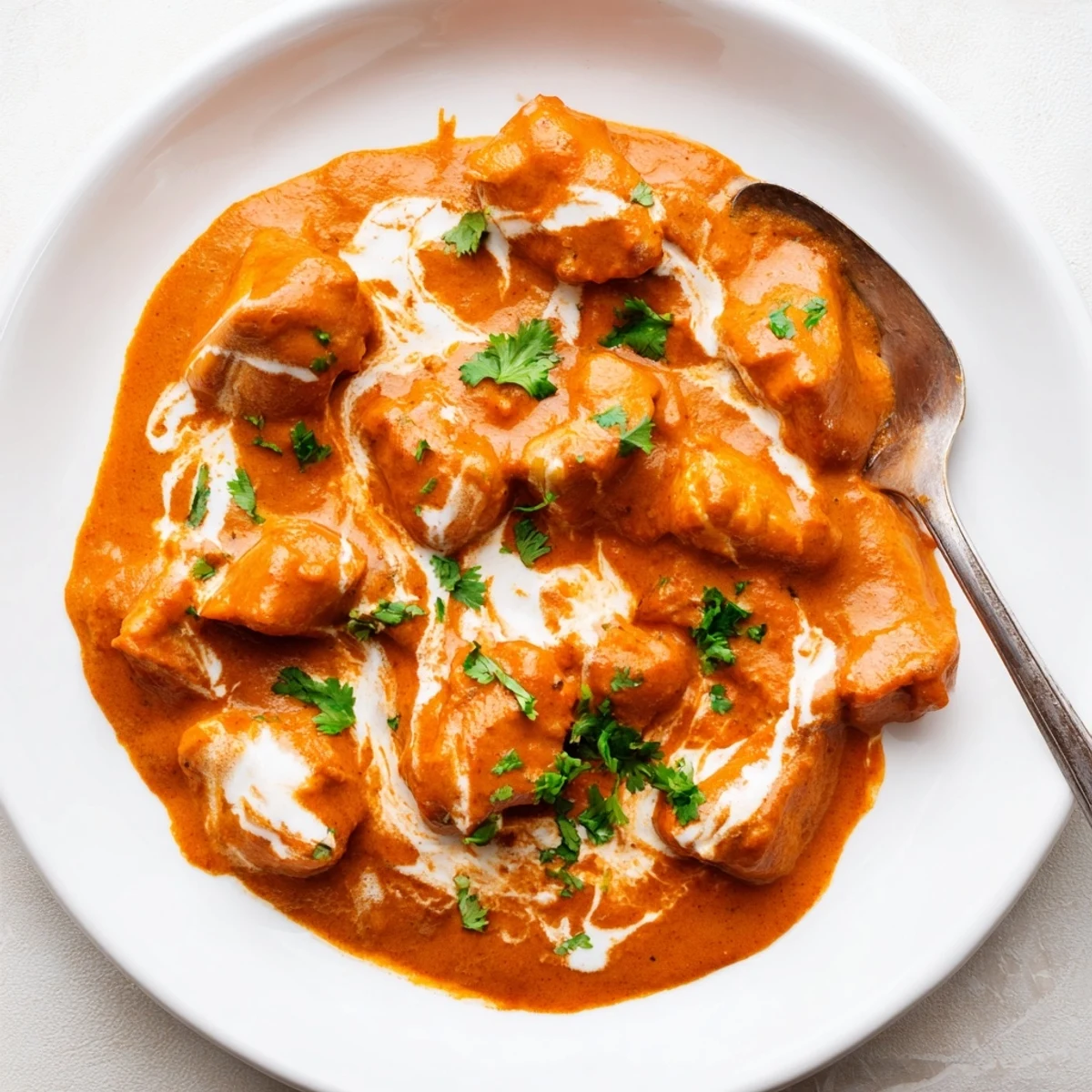 A close-up of Butter Chicken in a rustic skillet, garnished with cilantro and ready to serve.
