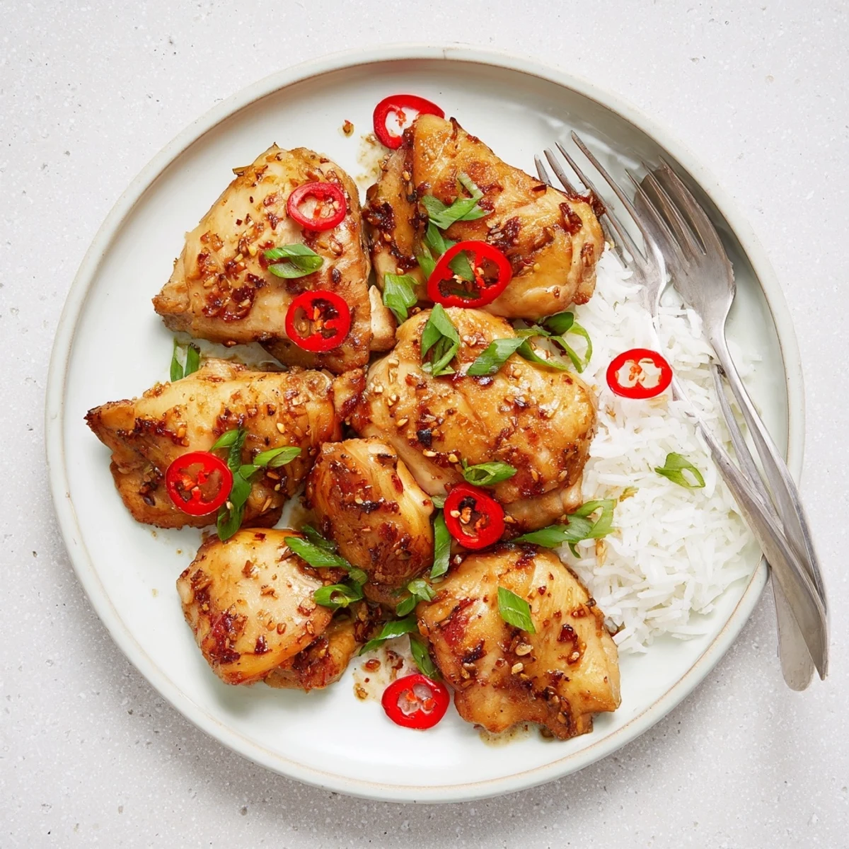 Golden-brown Vietnamese Lemongrass Chicken thighs seared in a skillet with fresh lemongrass marinade and green scallions.