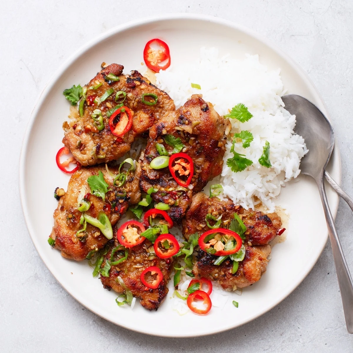 Sizzling Vietnamese Lemongrass Chicken cooked to perfection in a pan, served with jasmine rice and fresh herbs.