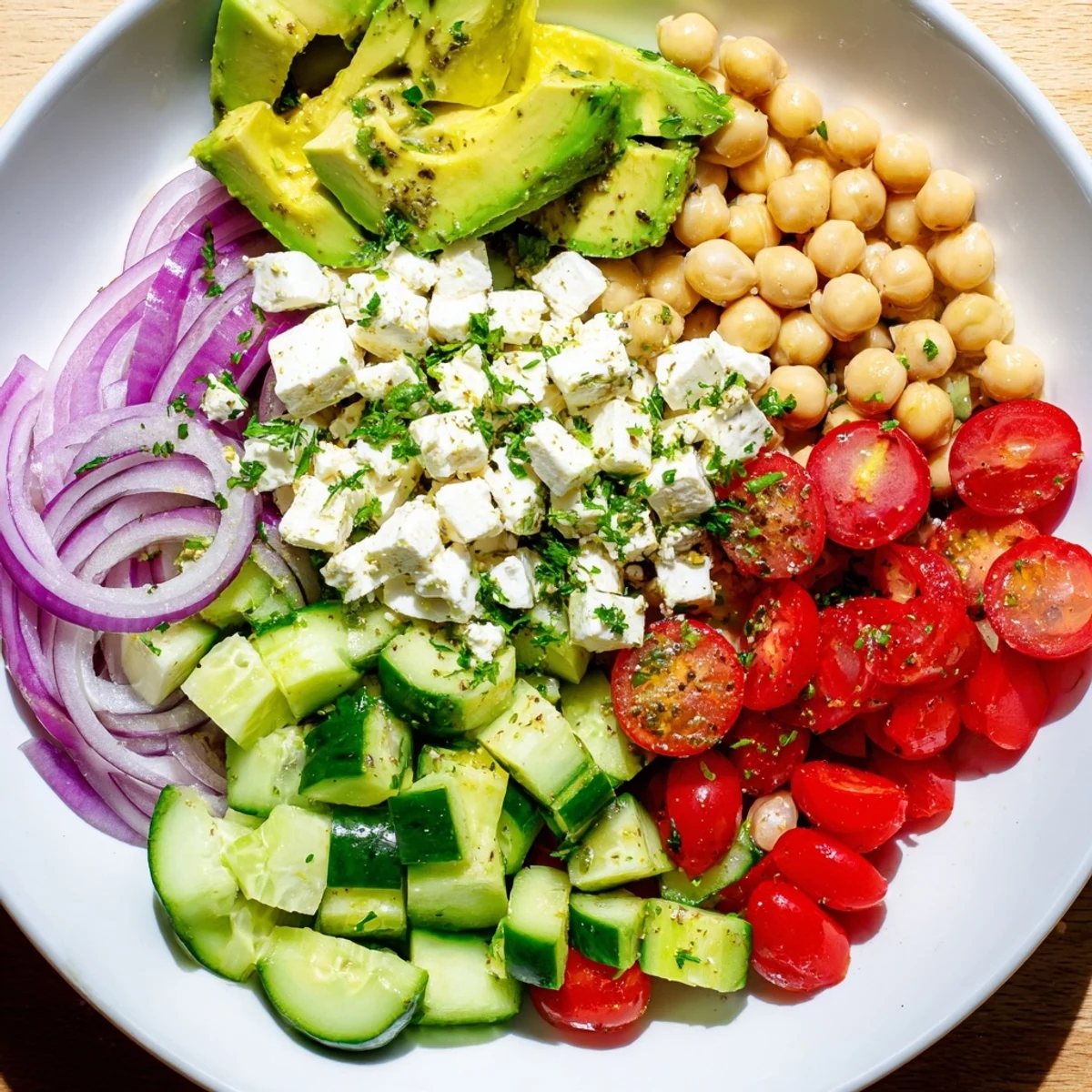 This vibrant Chickpea Feta Avocado Salad is served in a bowl with fresh parsley and red onion.